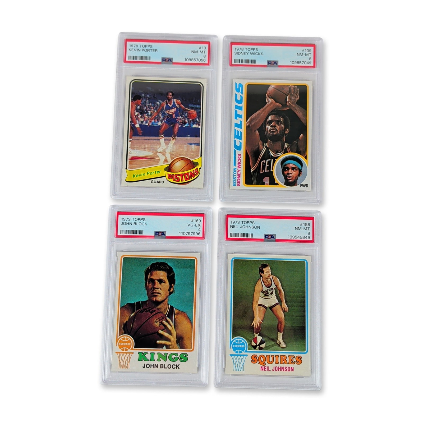 4pc Graded Topps Basketball Cards: Topps vintage basketball cards, 1973-1979. Group of four trading cards in clear plastic PSA encapsulation. Featured players include Sidney Wicks (Boston Celtics), Kevin Porter (Detroit Pistons), Neil