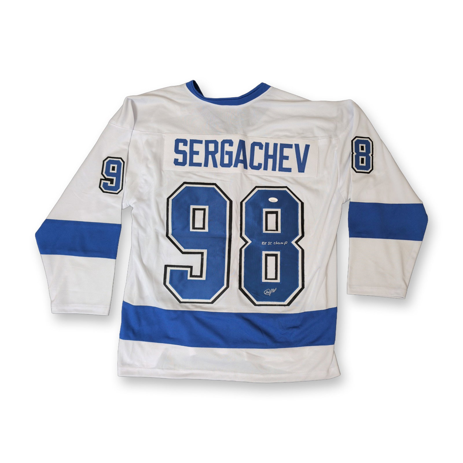Signed Mikhail Sergachev Custom Tampa Bay Jersey: Custom white, blue, and black hockey jersey featuring Mikhail Sergachev. The jersey is constructed with tackle-twill numbers and a nameplate, with diagonal blue block lettering on the front reading