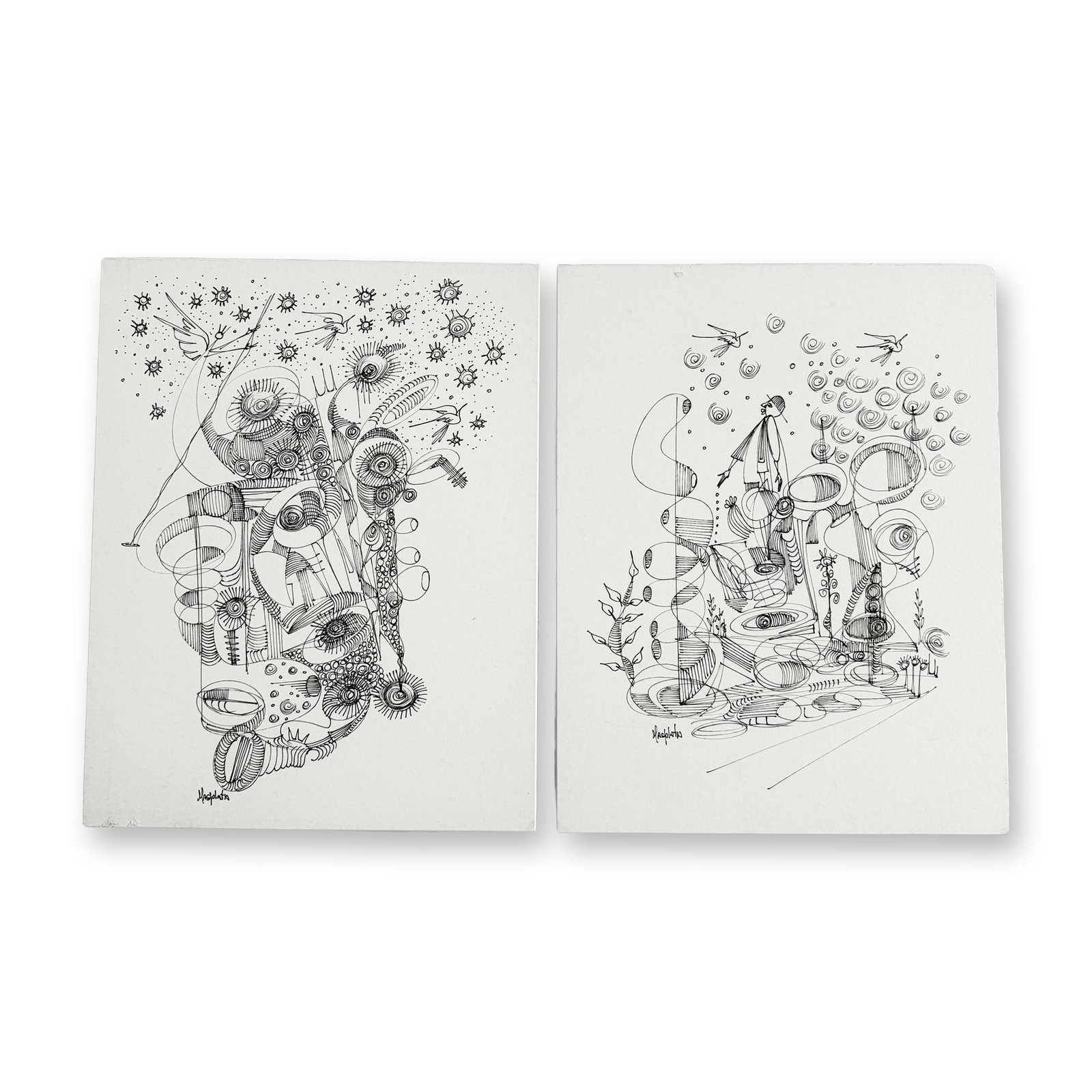 2pc Alfonso Rendon aka Masplata (Panamanian, 1957 - 2025), Pen Sketch on Board, Wisemen and Angel: Working across ink, watercolor, acrylic, and mixed media, Masplata developed a distinctive visual language of figures, birds, wisemen, and symbolic forms. These recurring elements move fluidly across