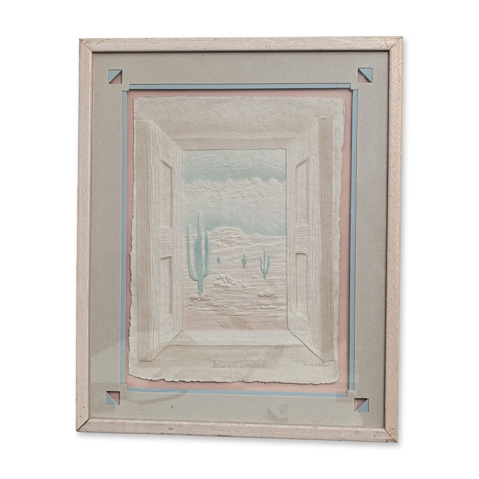 Wesley Wess Smith (American, b. 1958) 3D Hand-cast Paper Art, Desert Window, Signed: Wesley Wess Smith (American, 20th century). 'Desert Window' hand-cast paper relief, featuring a Southwestern desert landscape with saguaro cacti and mesa formations viewed through an architectural fra