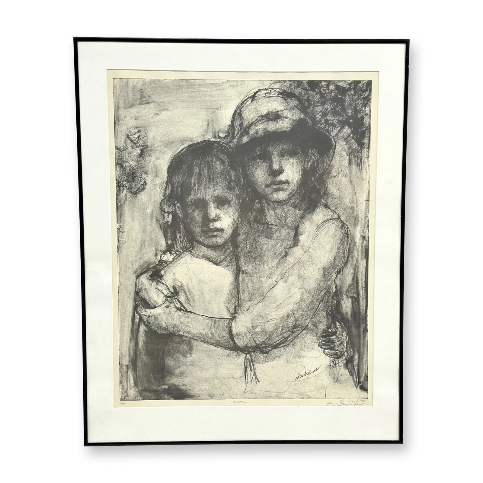 Edith Nachbar, Sisters, Artist's Proof Lithograph: This framed artist's proof lithograph titled Sisters is by the artist Edith Nachbar. The work depicts two young girls in an embrace, rendered with expressive, gestural lines and soft tonal shifts on