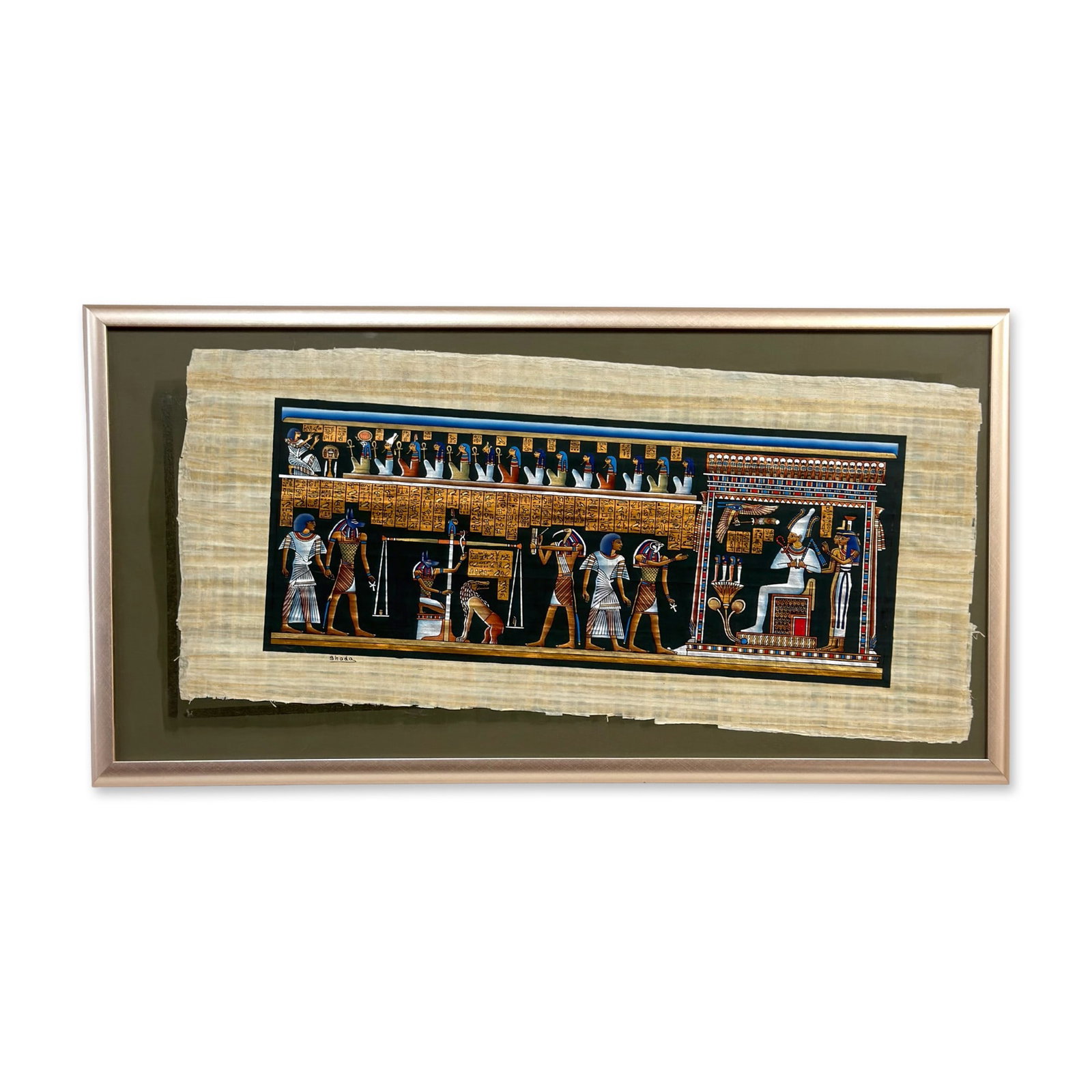 Shada, Framed Egyptian Painting on Papyrus, Final Judgment: Shada, Egyptian Painting on Papyrus, Final Judgment. This contemporary hand-painted work on authentic papyrus depicts the Weighing of the Heart ceremony from the ancient Egyptian Book of the Dead.