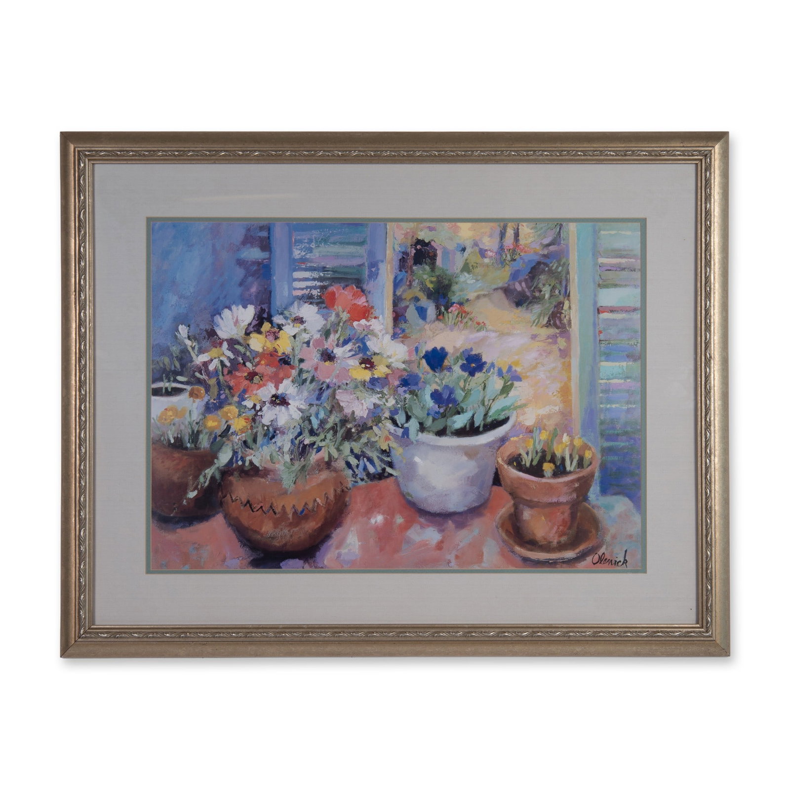 Ruth Olenick, Impressionist Framed Poster, The Potting Shed: Large Impressionist framed poster entitled The Potting Shed after an original painting by American artist Ruth Olenick. Signature in plate on lower right: Olenick. Housed in gilded frame with a white