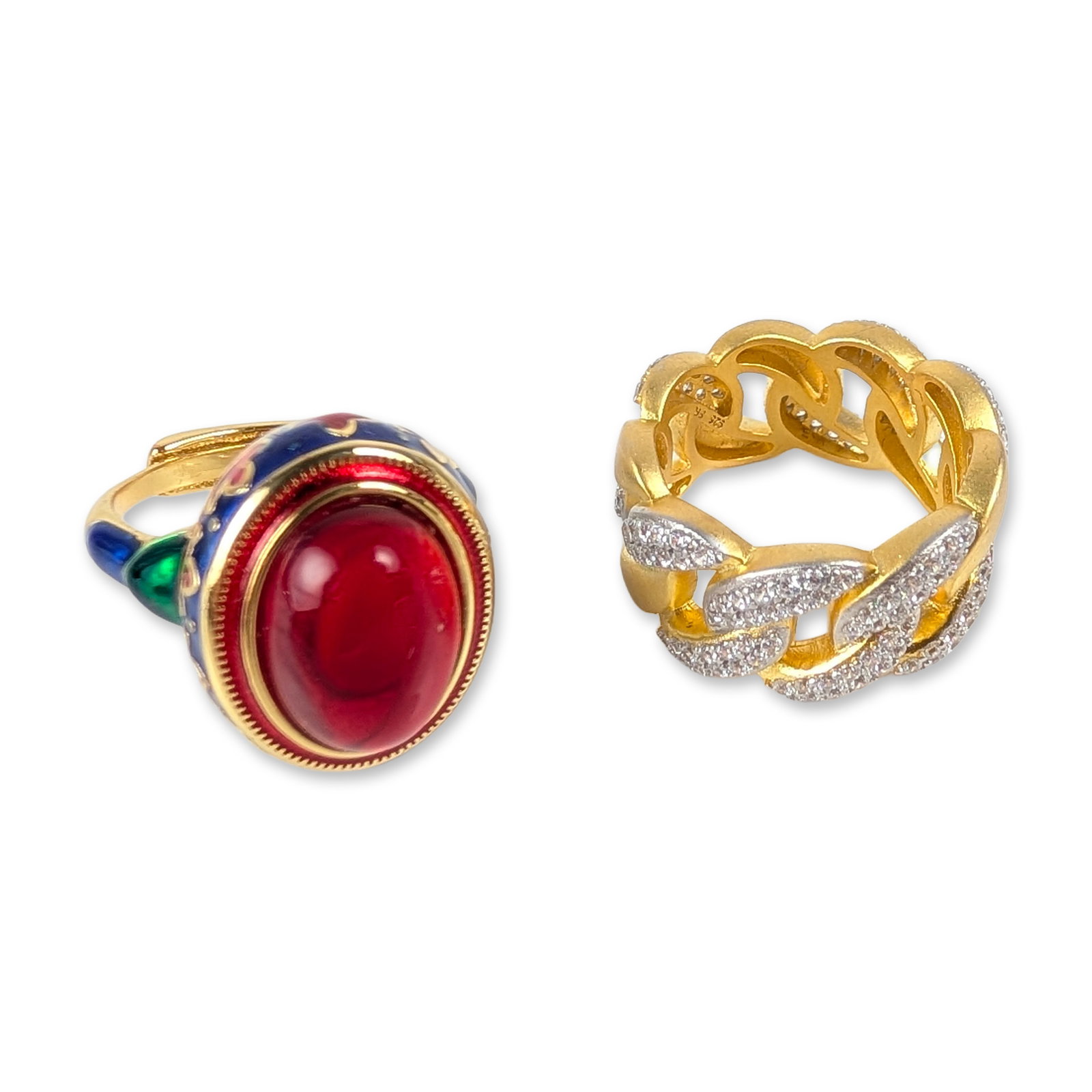 2pc Gold-Plated Rings: The first is an adjustable statement ring featuring a large oval red cabochon bezel-set in a decorative mount with cloisonne-style enamel in cobalt blue, emerald green, and red heart and petal motifs.