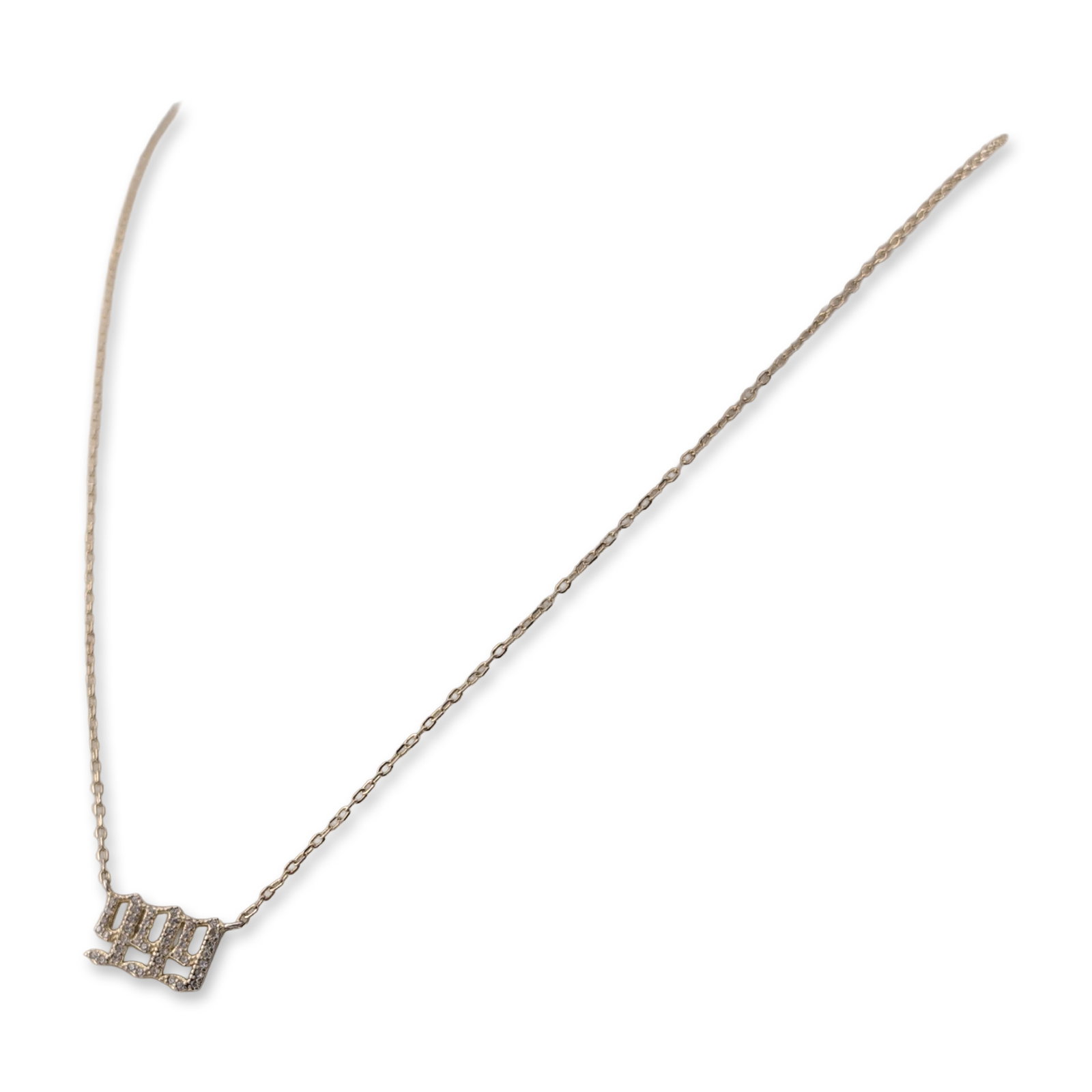 Gothic Style Gold-Plated Sterling Silver 999 Necklace: Gold-plated sterling silver necklace featuring an integral pendant in the form of the numbers 999 rendered in a gothic script. The pendant is pave-set with small round colorless synthetic stones. The