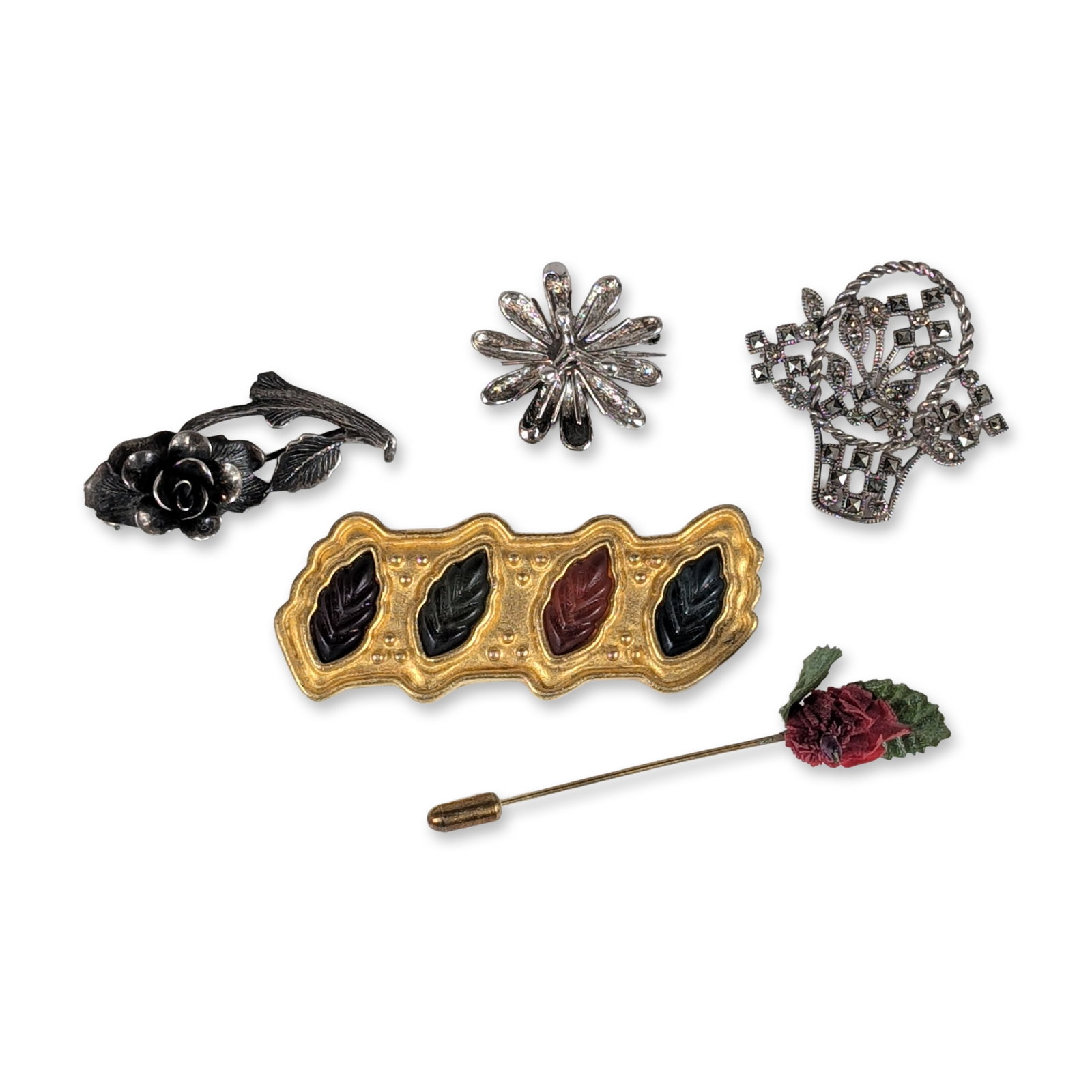 Sterling Silver and Costume Assortment of Vintage Brooches and Pins: Assortment of vintage brooches and pins in various styles and materials including 3 sterling silver. The collection includes a Leslie Block gold-tone bar brooch featuring four inset molded leaf panels