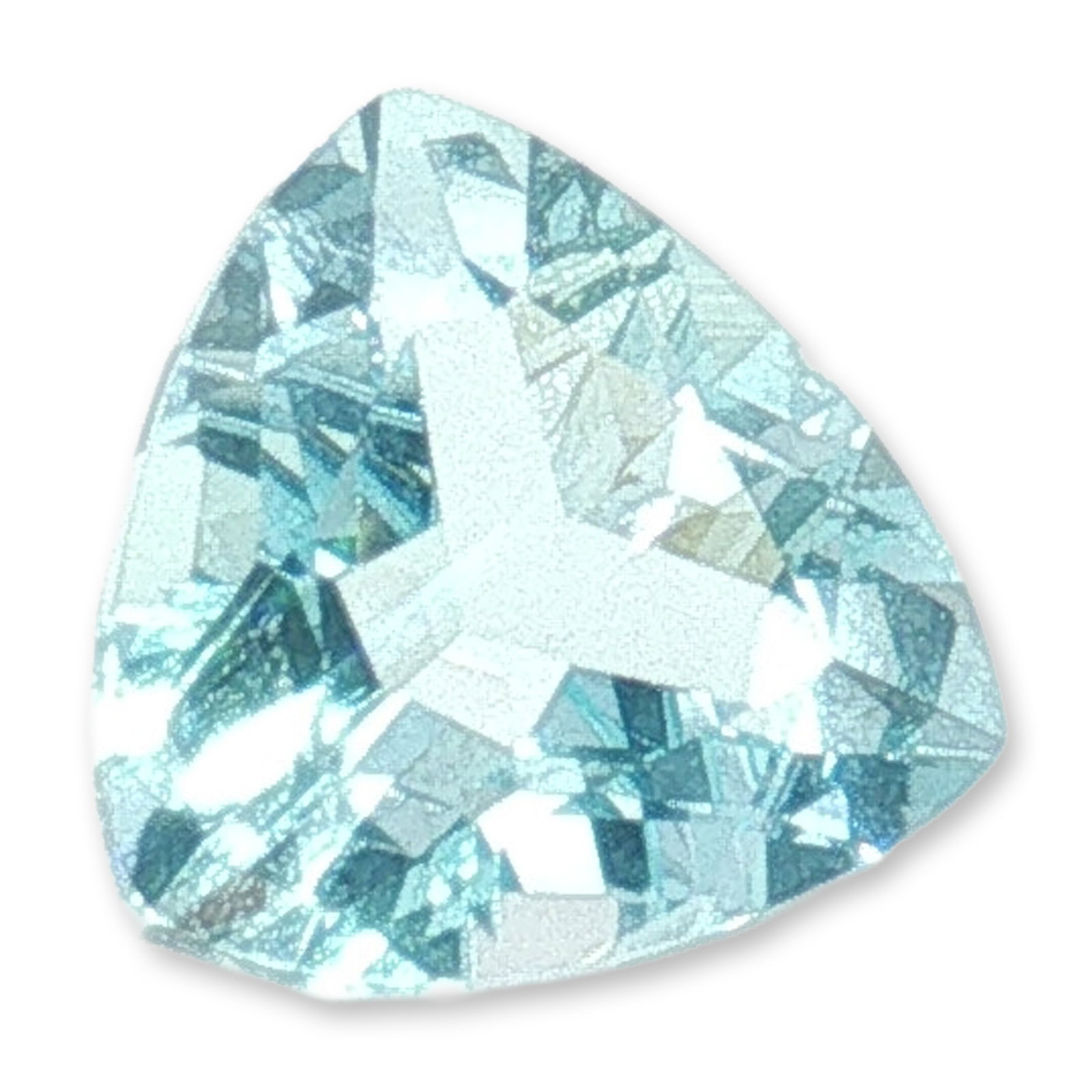 Loose Trillion Cut Aquamarine Gemstone 2.24ct: Loose trillion-cut gemstone appearing to be a natural aquamarine. This stone features a delicate light blue color and transparent clarity, appearing eye-clean upon visual inspection. The faceted surfa