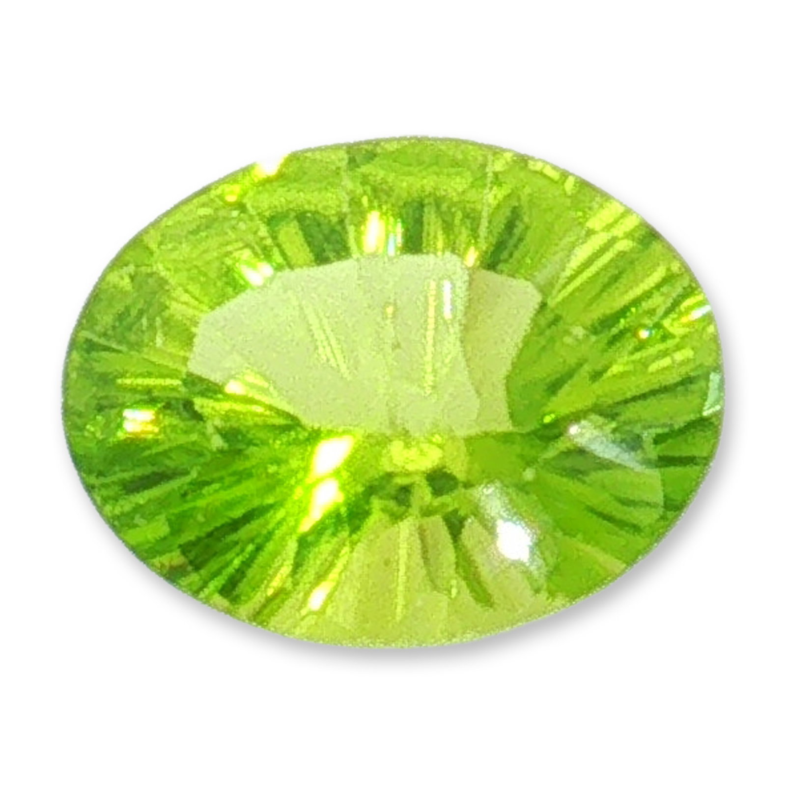 Oval Cut Loose Peridot Gemstone: Single loose faceted gemstone appearing to be peridot, characterized by a vibrant yellowish-green hue. The classic oval cut features detailed faceting across its surface, emphasizing the stone's