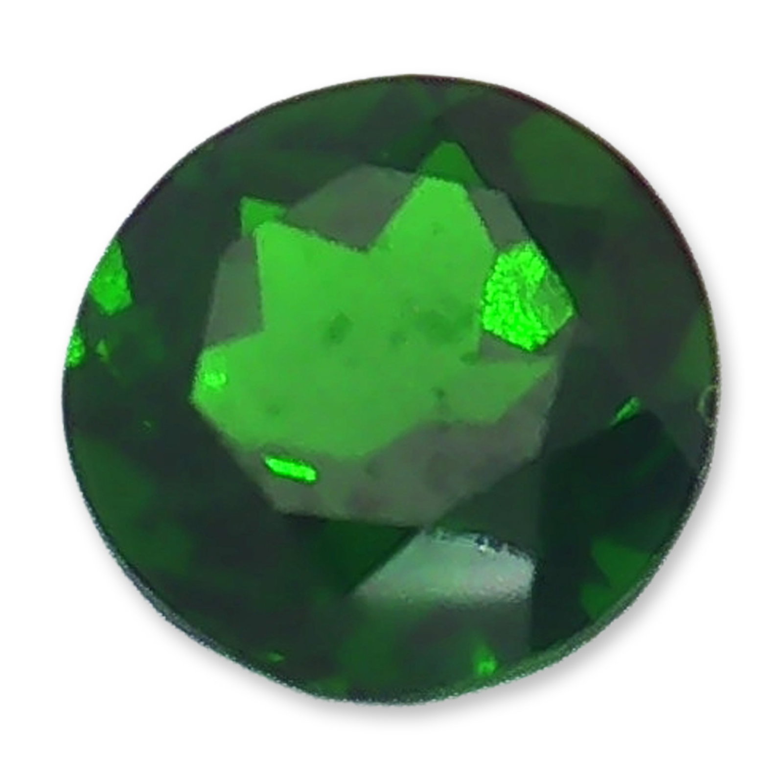 Round Cut Chrome Diopside Loose Gemstone: A single loose faceted Diopside gemstone, displaying a rich, vibrant green hue. The stone features a classic round brilliant cut with a faceted crown and pavilion designed to highlight the deep,