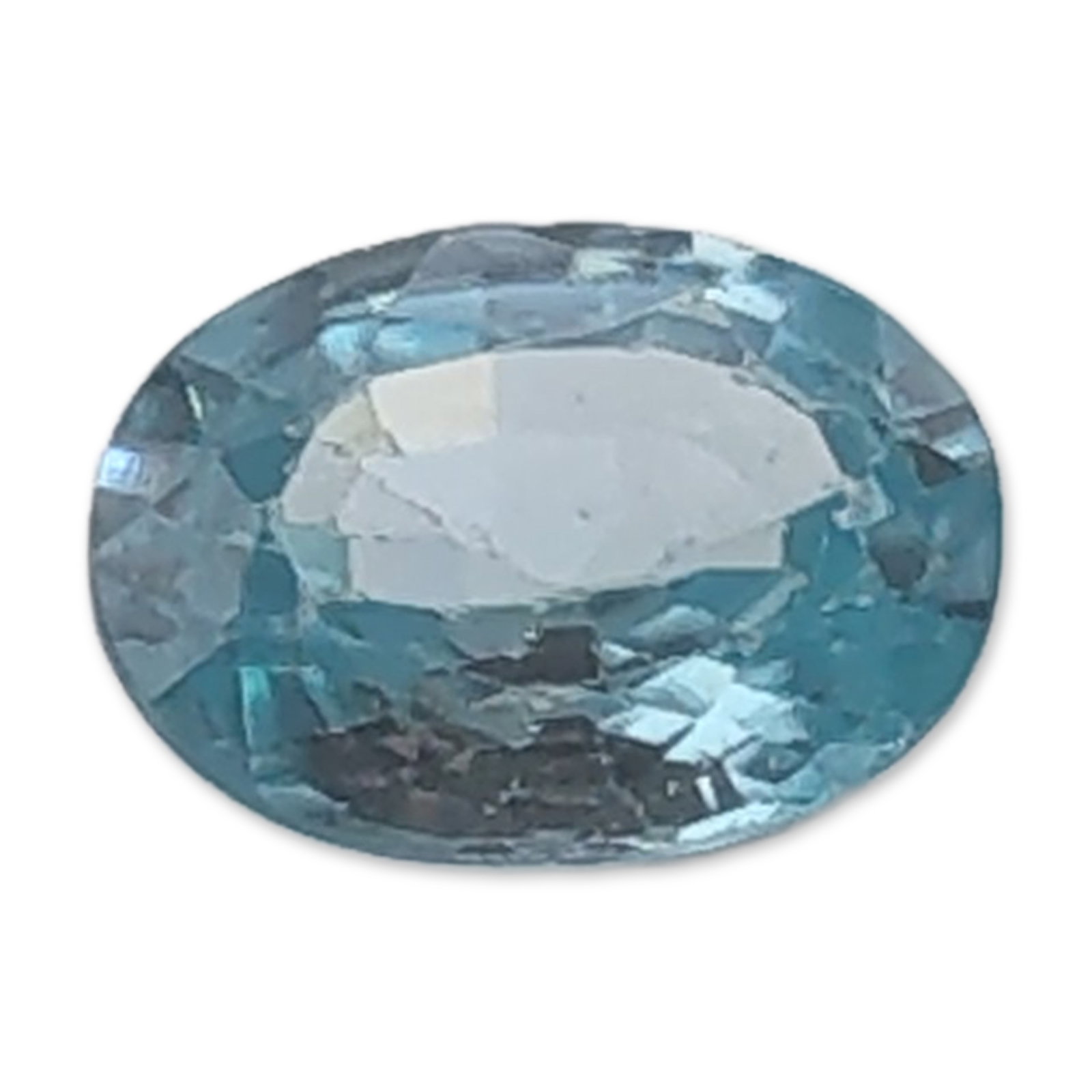 Light Blue Oval Faceted Topaz Gemstone: Loose faceted topaz gemstone, light blue in color, featuring an oval brilliant cut. The stone exhibits consistent light blue tones and sharp facet junctions. Weight: 1.2 carats Length: 6.8 mm.