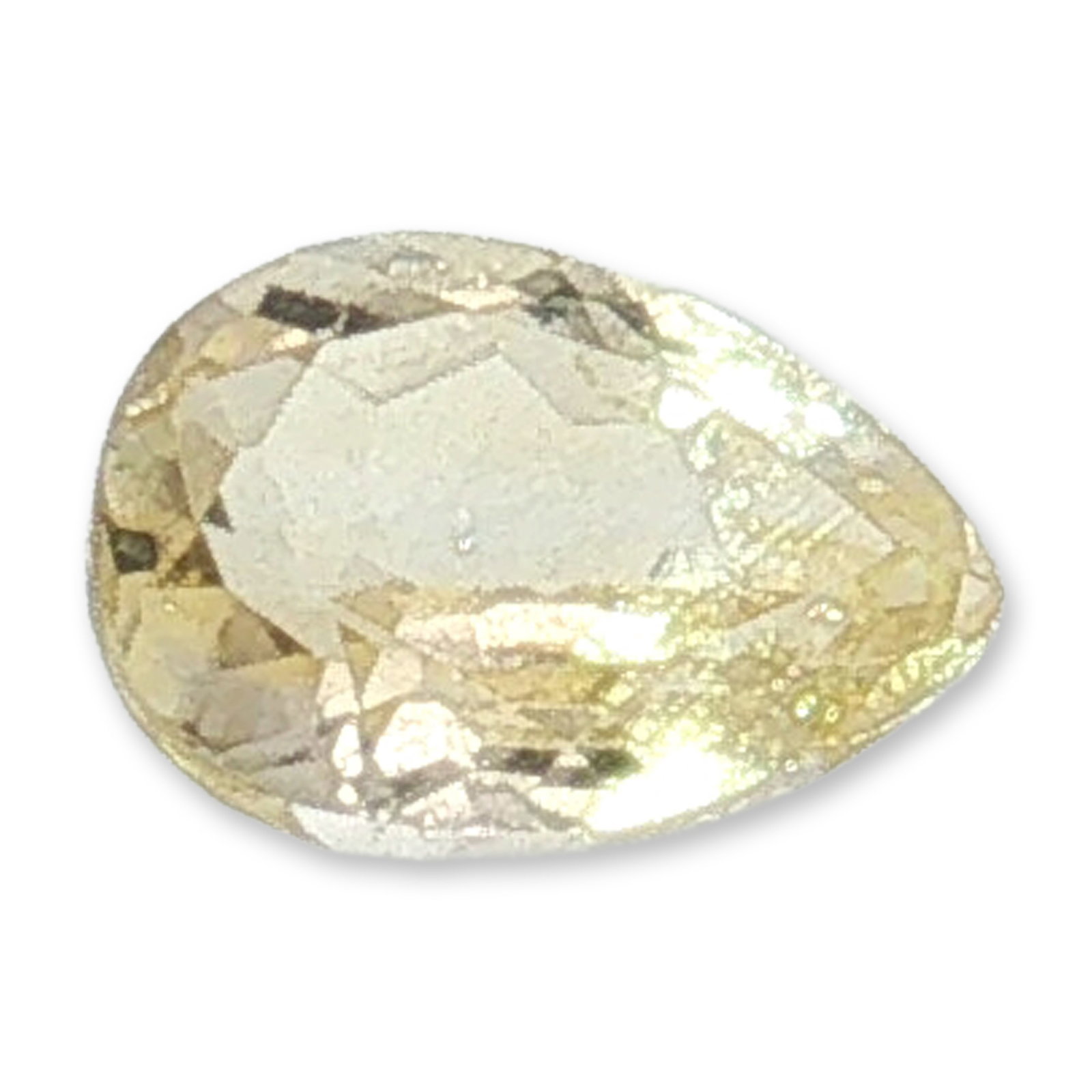 Loose Pear Cut Yellow Citrine Gemstone: Loose faceted gemstone, appears to be a yellow citrine, featuring a classic pear cut and a delicate, pale yellow hue. The stone showcases a faceted surface designed to catch light and displays visible