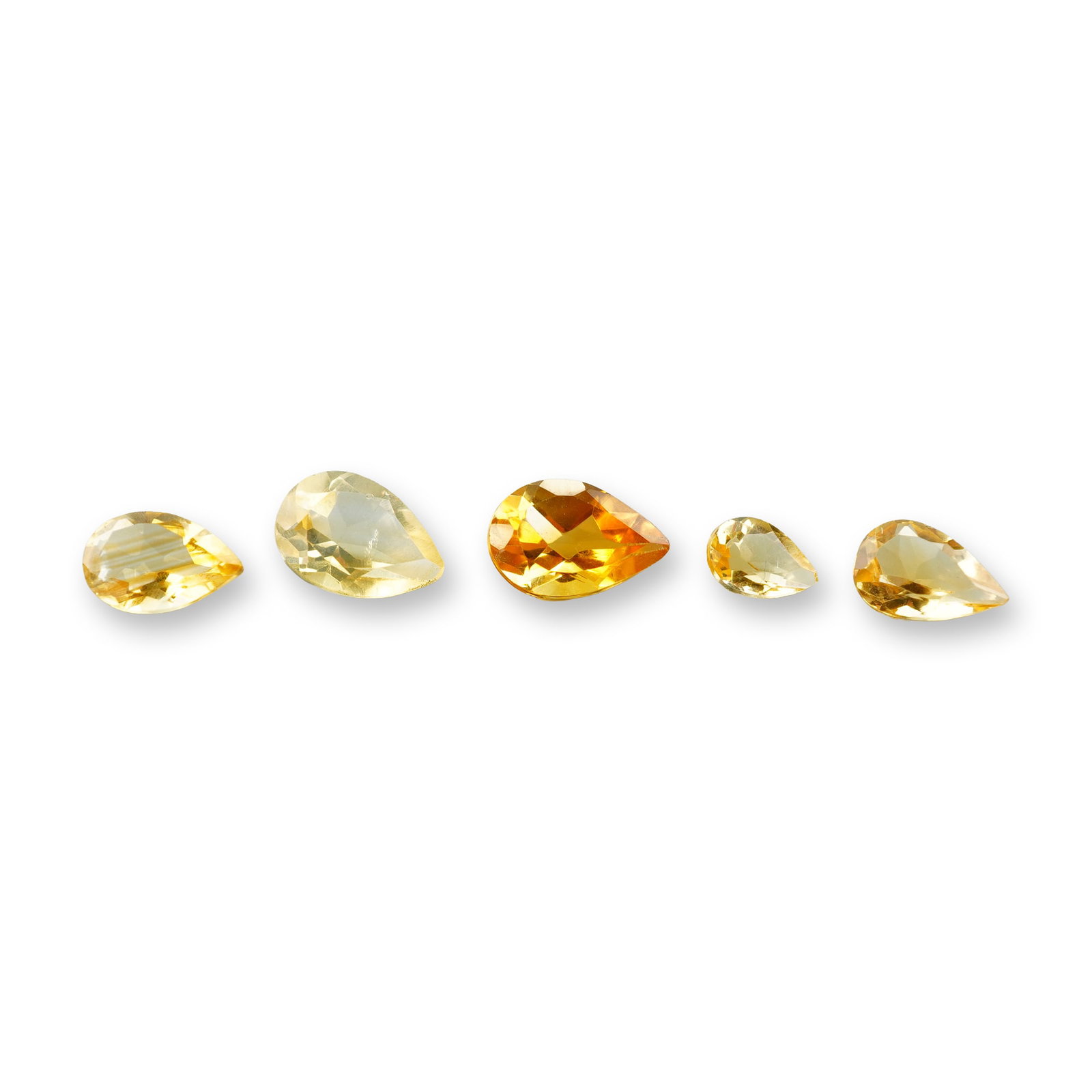 5pc Pear Cut Citrine Gemstones: Set of 5 Citrine stones weighting 0.38-1.23cts. Citrine is a sunny, golden variety of quartz prized for manifesting abundance, boosting self-confidence, and clearing negative energy. Often called the 