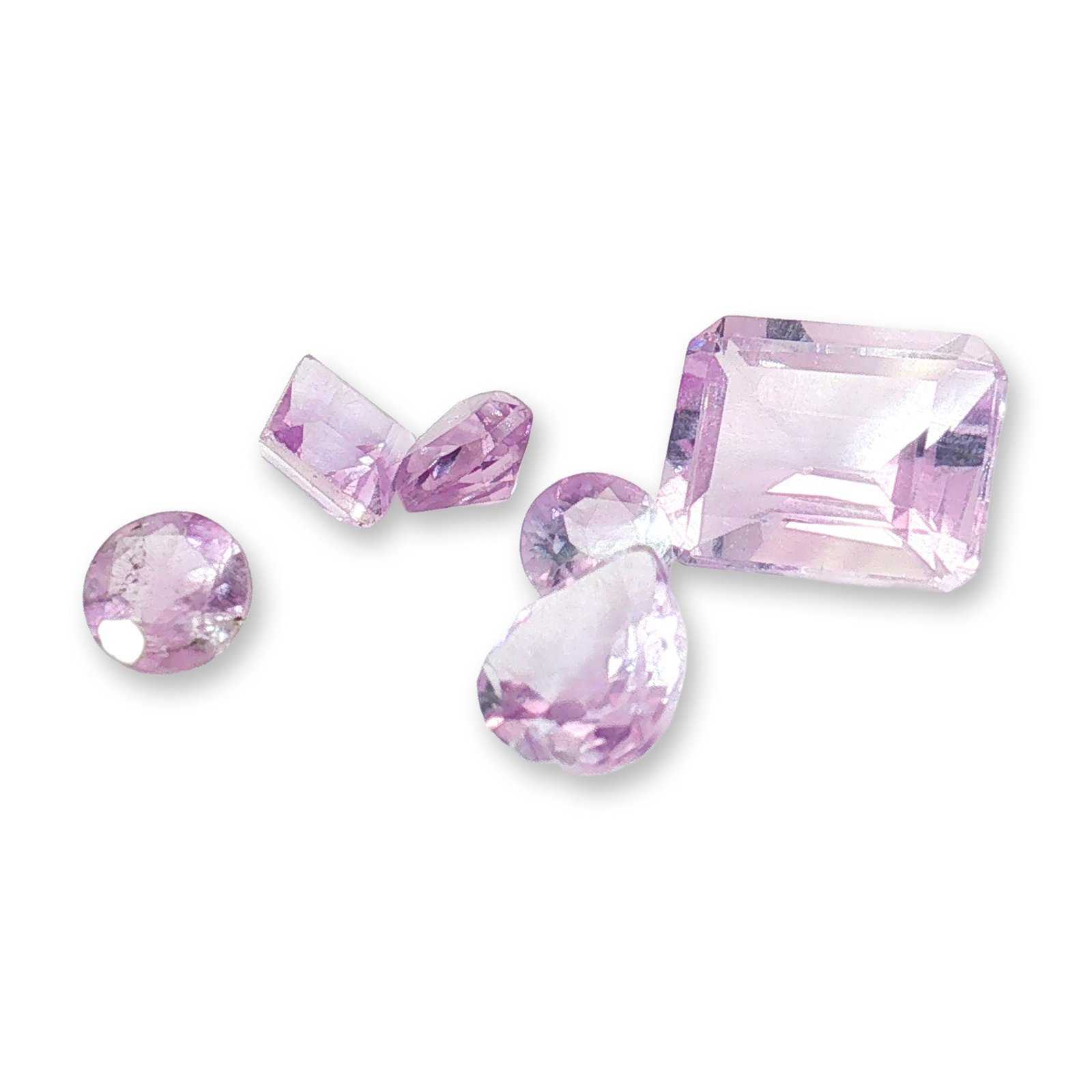 6pc Pink Amethyst Gemstones: Grouping of 6 pink amethyst gemstones. Amethyst is the traditional birthstone for the month of February. it is best known for relieving stress, promoting restful sleep, and enhancing spiritual awarene