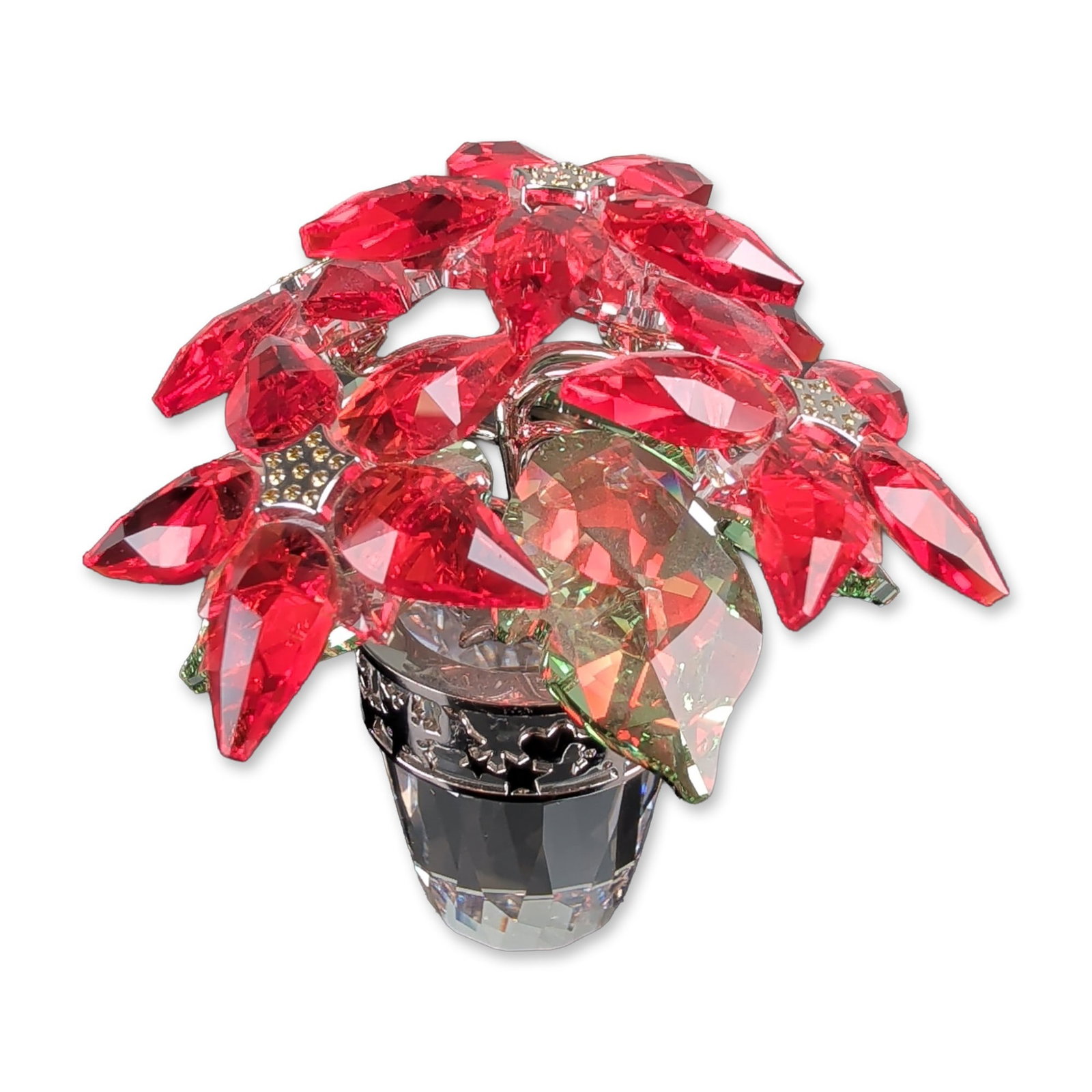 Swarovski Crystal Poinsettia Flower Figurine: Swarovski crystal poinsettia figurine featuring faceted red crystal blossoms, faceted green crystal leaves, and a faceted clear crystal pot. The flower centers are detailed with pave-set clear crystal