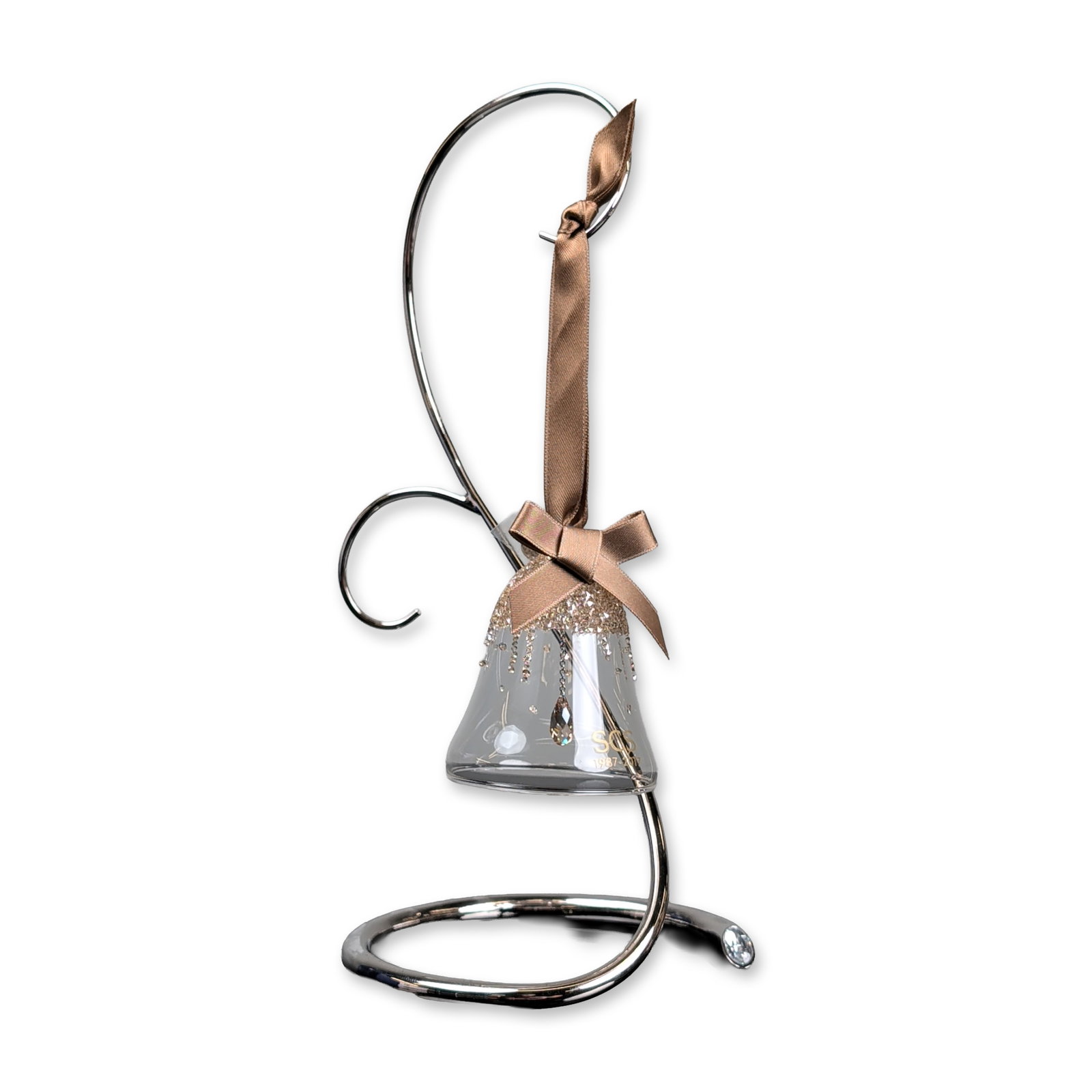 2pc Swarovski Crystal SCS 2017 Jubilee Bell Ornament and Display Stand: The Jubilee bell ornaments and a specialized spiral display stand, commemorating the 30th anniversary of the Swarovski Crystal Society (SCS). The set includes one clear crystal bell with champagne-ton