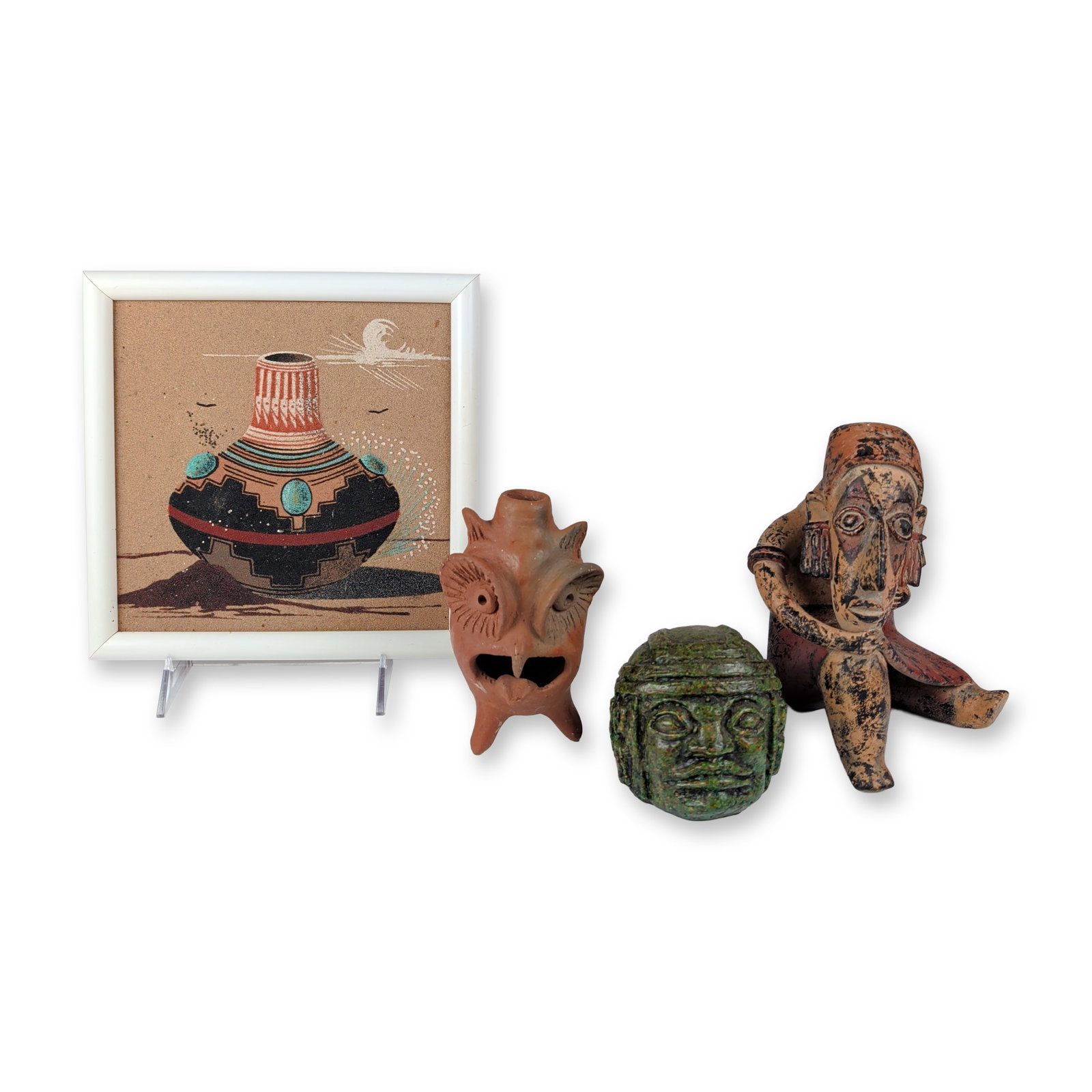 4pc Collection of Navajo Sand Art and Pre-Columbian Style Figures: An assortment of decorative items including a signed Navajo sand art painting and three Pre-Columbian style figures. The sand art by Melvin Elwood depicts a Puebloan water jar (olla) with geometric pa