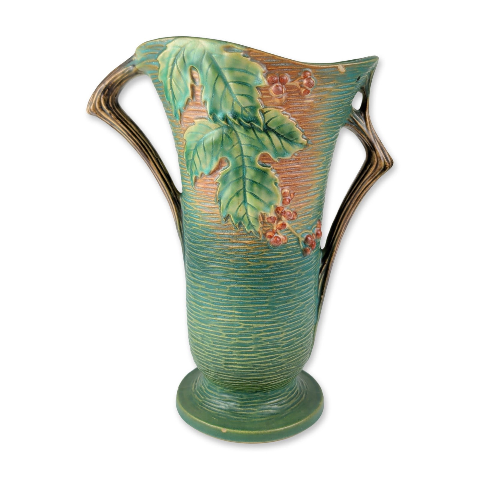 Roseville Bushberry Green Large Earthenware Double-Handled Vase: Roseville Pottery two-handled earthenware vase in the Bushberry pattern, introduced in 1941. The vessel features relief-molded clusters of orange berries and green leaves against a textured, verticall