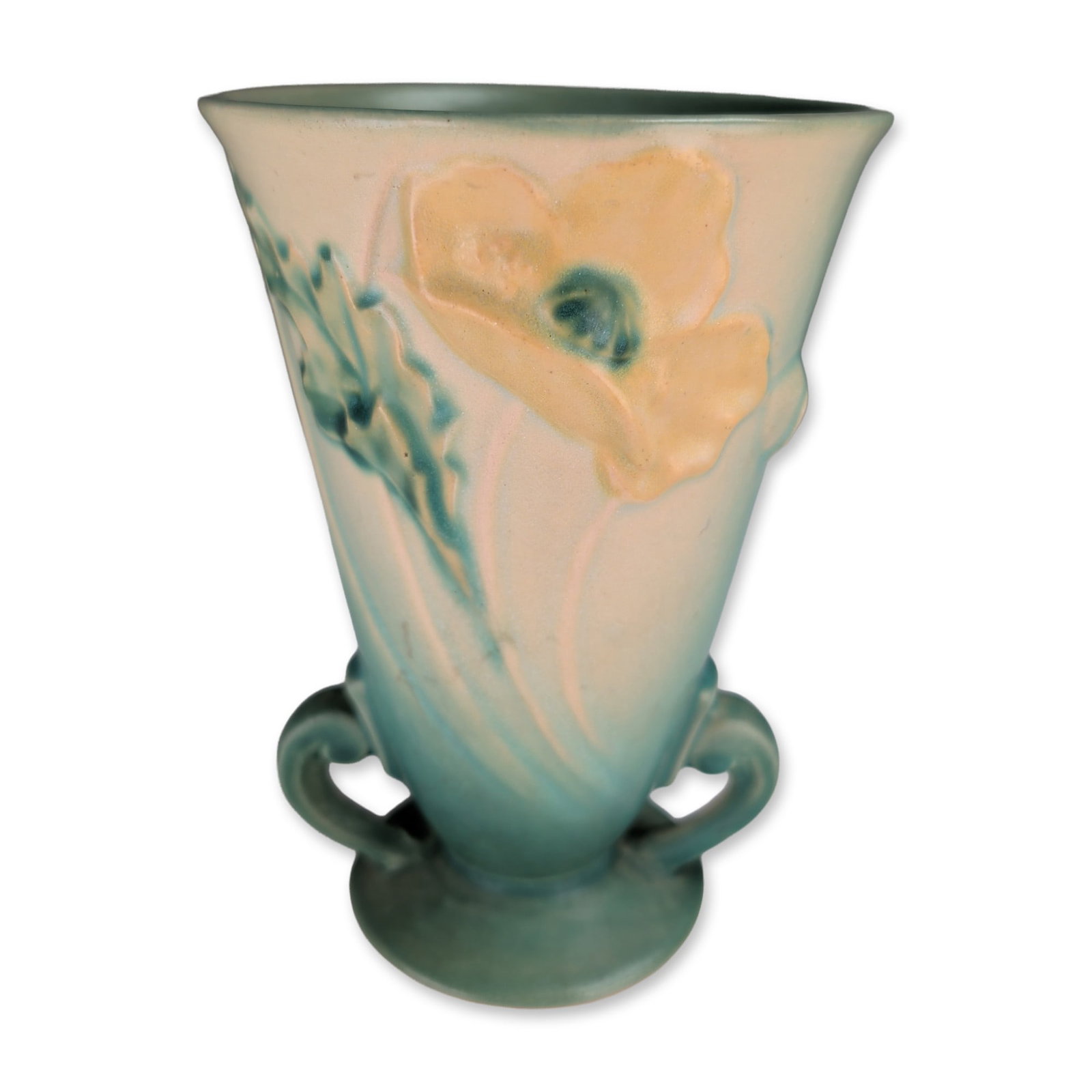 Roseville Pottery Poppy Green Trumpet Vase: Roseville art pottery trumpet vase in the Poppy pattern, introduced in 1938. The earthenware vessel features a flared rim and circular foot flanked by two scroll-style handles at the base. The exterio