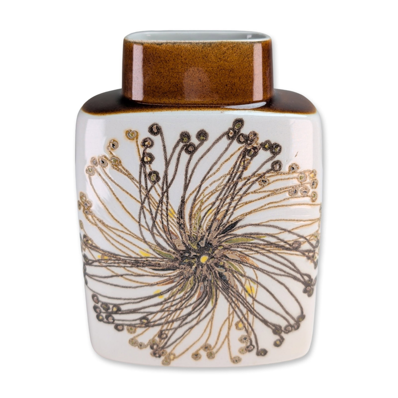 Royal Copenhagen Fajance Baca Series Ceramic Vase: Royal Copenhagen mid-century Fajance Baca series slab vase in earthenware, featuring an abstract stylized seed head decoration in tones of charcoal, ochre, and dark brown on a white ground. The rectan