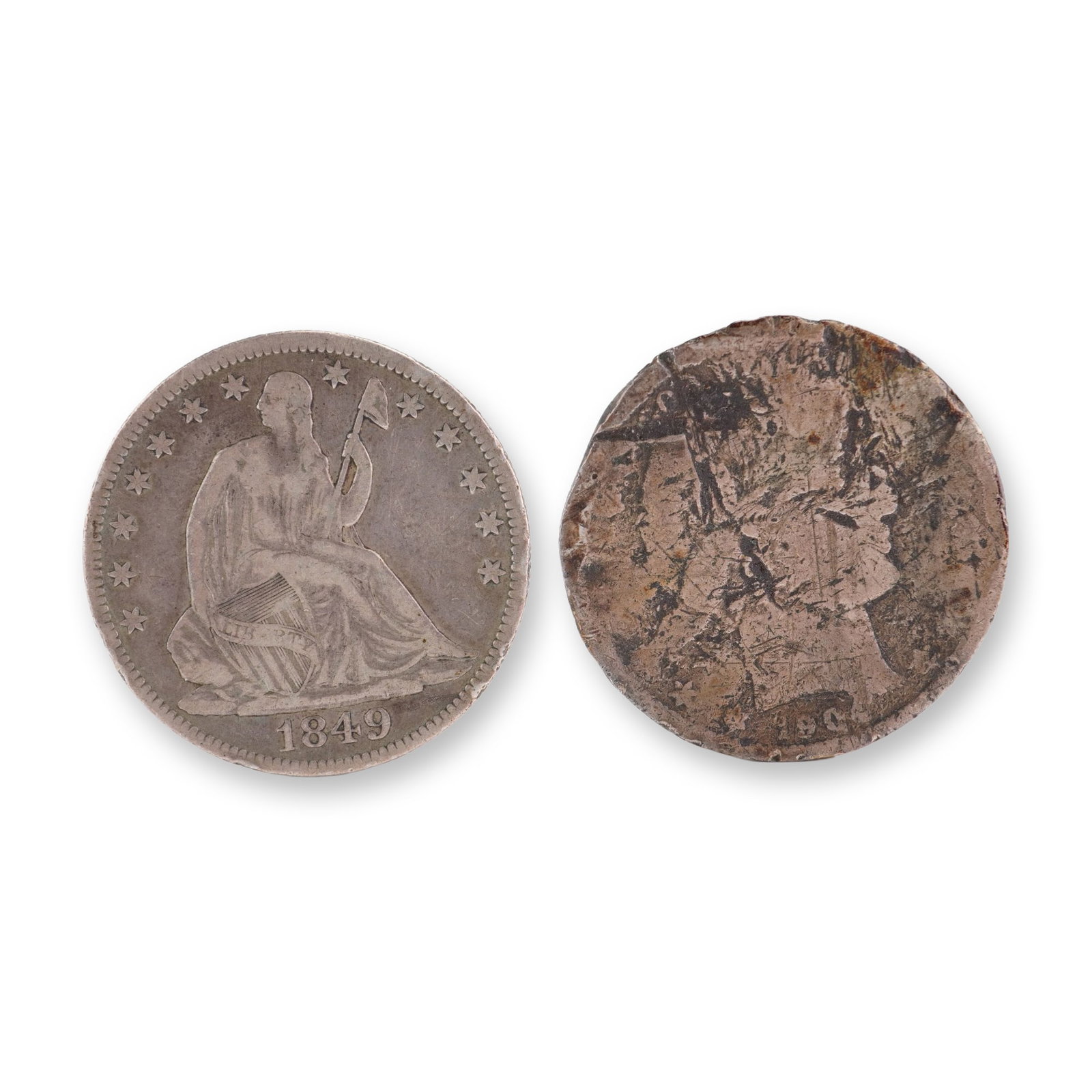 Lot of 2 U.S. 1849 Seated Liberty & 1904 Barber 90% Silver Half Dollars, Circulated: Seated Liberty Half Dollar and Barber, Obverse with date and design; reverse depicts Eagle with arrows and olive branch and UNITED STATES OF AMERICA HALF DOL. Total weight 24g. Dimensions: 30.6mm Date