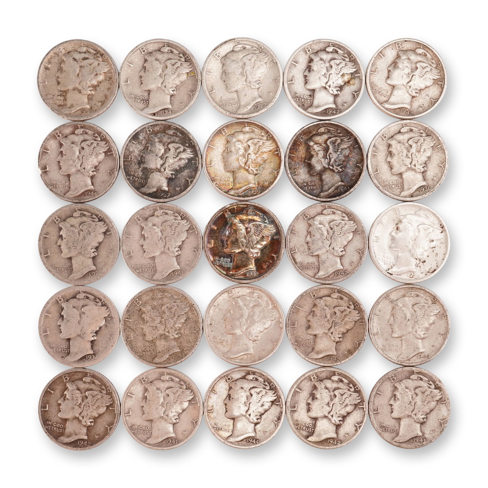 Lot of 25 Loose Mercury 90% Silver Dimes, Circulated (1 of 2)