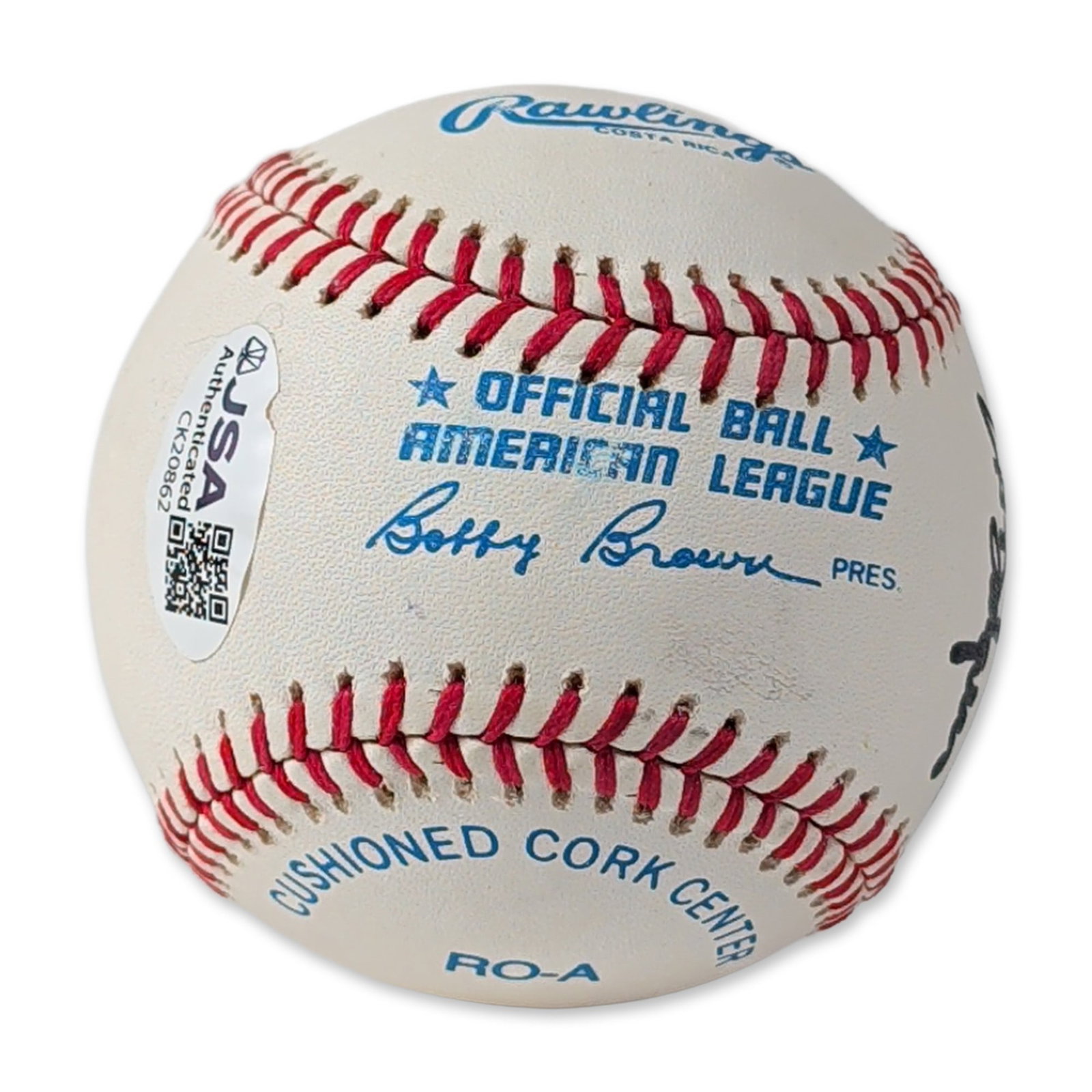 Maury Wills Signed Official American League Rawlings Baseball: Rawlings Official American League baseball from the Bobby Brown MLB presidency. Hand-signed and inscribed by Maury Wills in black ink on a side panel. The inscription reads To Bert Best Wishes Maury W
