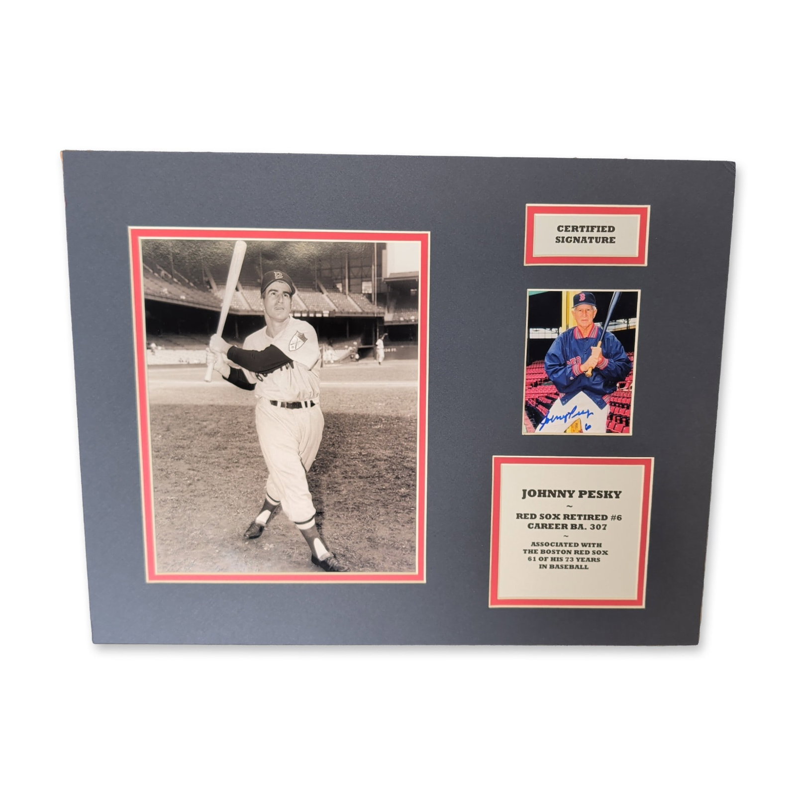 Stacks of Plaques Johnny Pesky Signed Display: Stacks of Plaques commemorative display featuring the autograph of Boston Red Sox legend Johnny Pesky. The display is composed of a black-and-white action photograph, a smaller color photograph hand-s