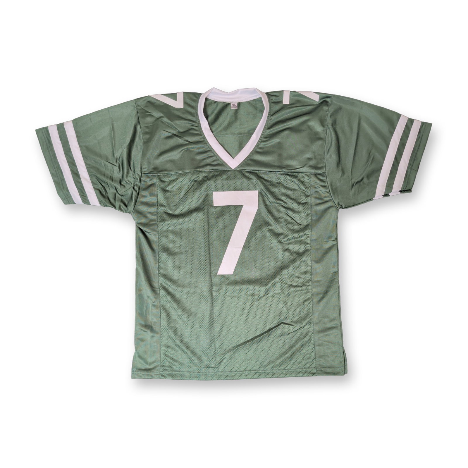Justin Fields Signed Custom NY Jets Football Jersey: Custom green NY Jets football jersey signed by Justin Fields. The jersey features a mesh body with solid fabric shoulders, a white V-neck collar, and dual-stripe accents on the sleeves. The number 7 i