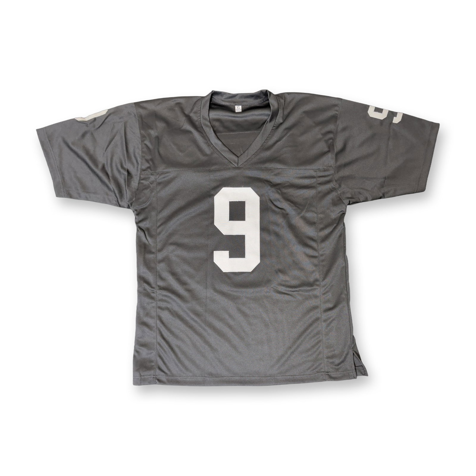 Tyree Wilson Signed Custom Las Vegas Raiders Jersey: Custom football jersey in Las Vegas Raiders colors, featuring silver-toned sewn-on fabric numbers and a nameplate. The reverse displays the name Wilson and the number 9, corresponding to defensive end
