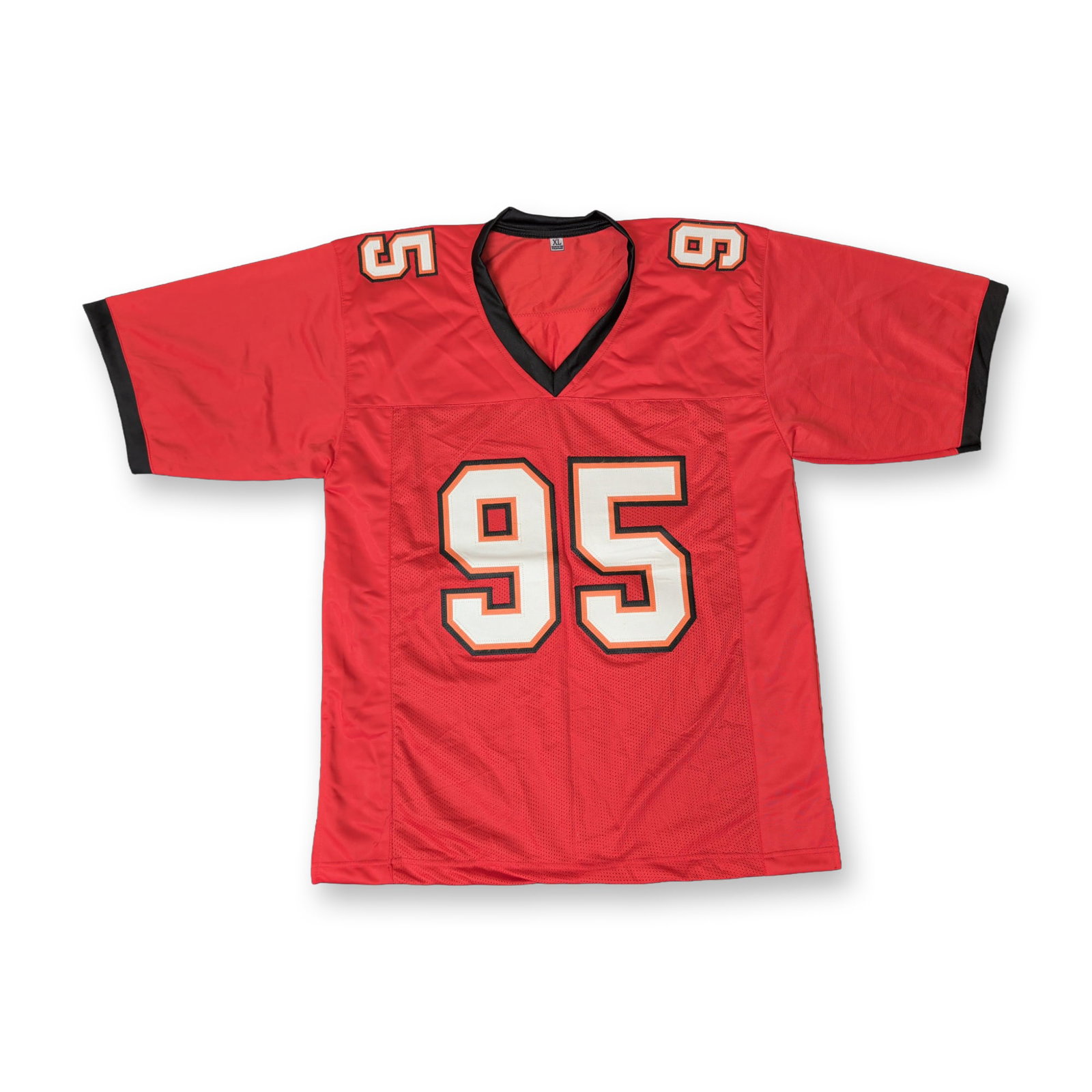 Autographed Custom Tampa Bay Buccaneers Replica Jersey Roberts 95: Custom autographed football jersey in the red, orange, and black colorway of the Tampa Bay Buccaneers. The garment features a red mesh torso with black V-neck collar and sleeve trim, and solid polyest
