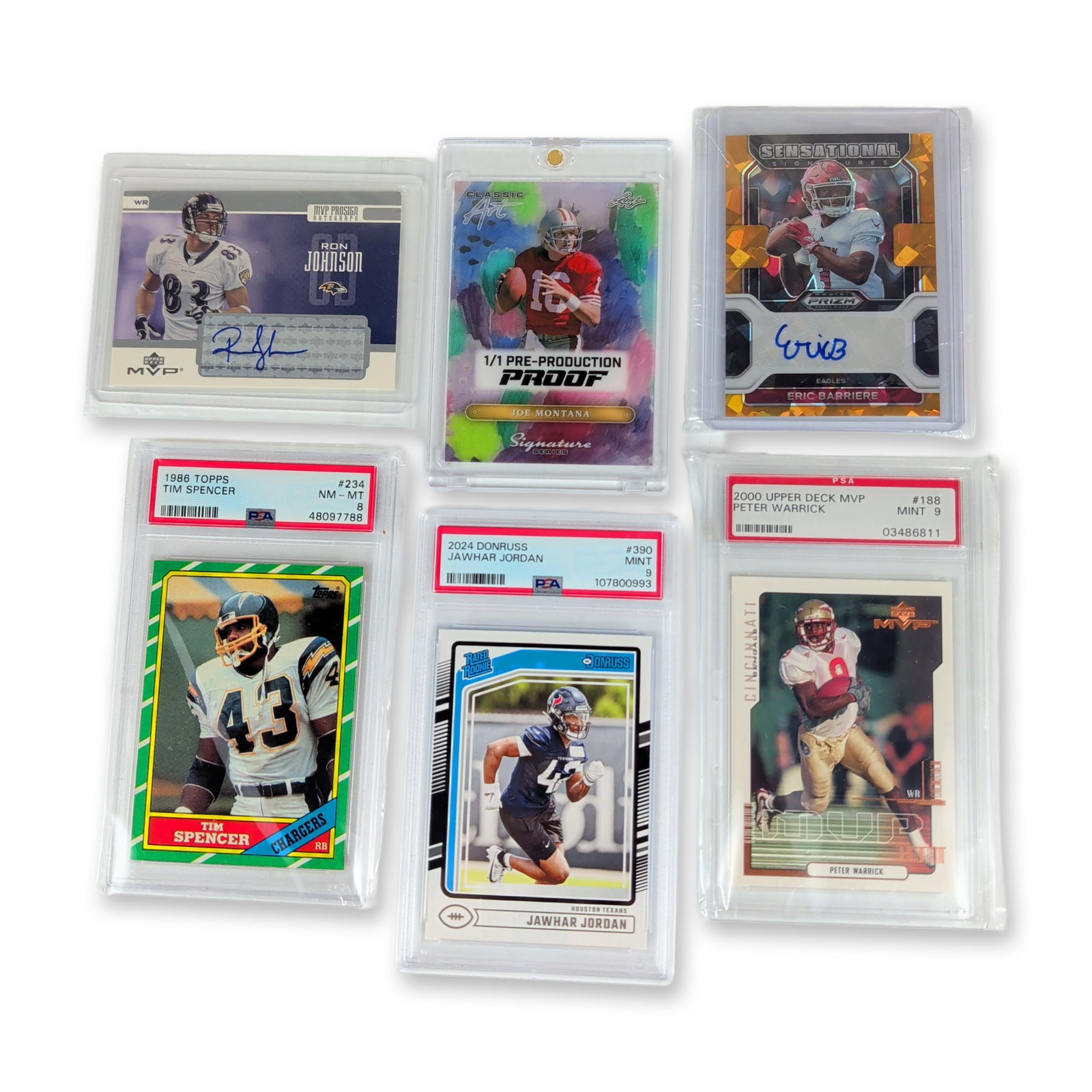 6pc Assorted American Football Trading Card Collection: Assorted group of six American football trading cards featuring modern prospects, veteran players, and professional Hall of Fame subjects. The collection includes a 1986 Topps Tim Spencer card number 