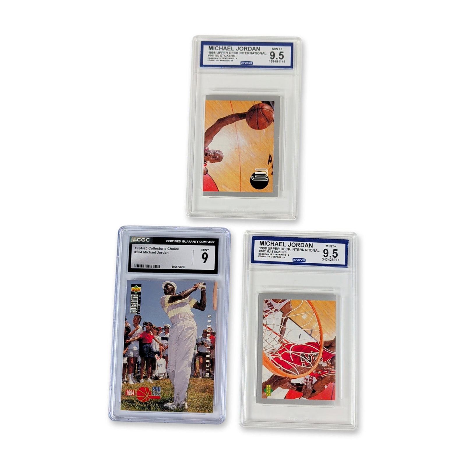 3pc Graded Michael Jordan Upper Deck Trading Cards and Sticker: Upper Deck Michael Jordan trading cards and stickers, 1994-1998. Collection of three professionally graded items including one 1994-95 Collector's Choice Pro Files card number 204 and two 1998 Upper D