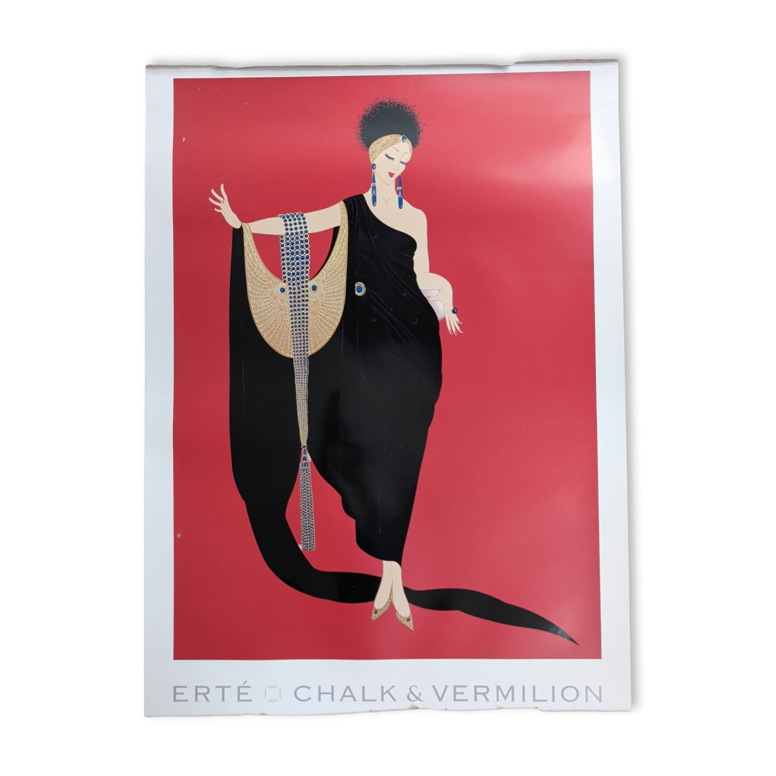 Erte (Romain de Tirtoff) (Russian French 1892-1990) Glamour Art Deco Offset Lithograph: Erte (Romain de Tirtoff) Poster titled Glamour CHALK and VERMILION, produced in the Art Deco style. Offset lithograph on heavy paper stock featuring metallic gold and silver accents. The composition d