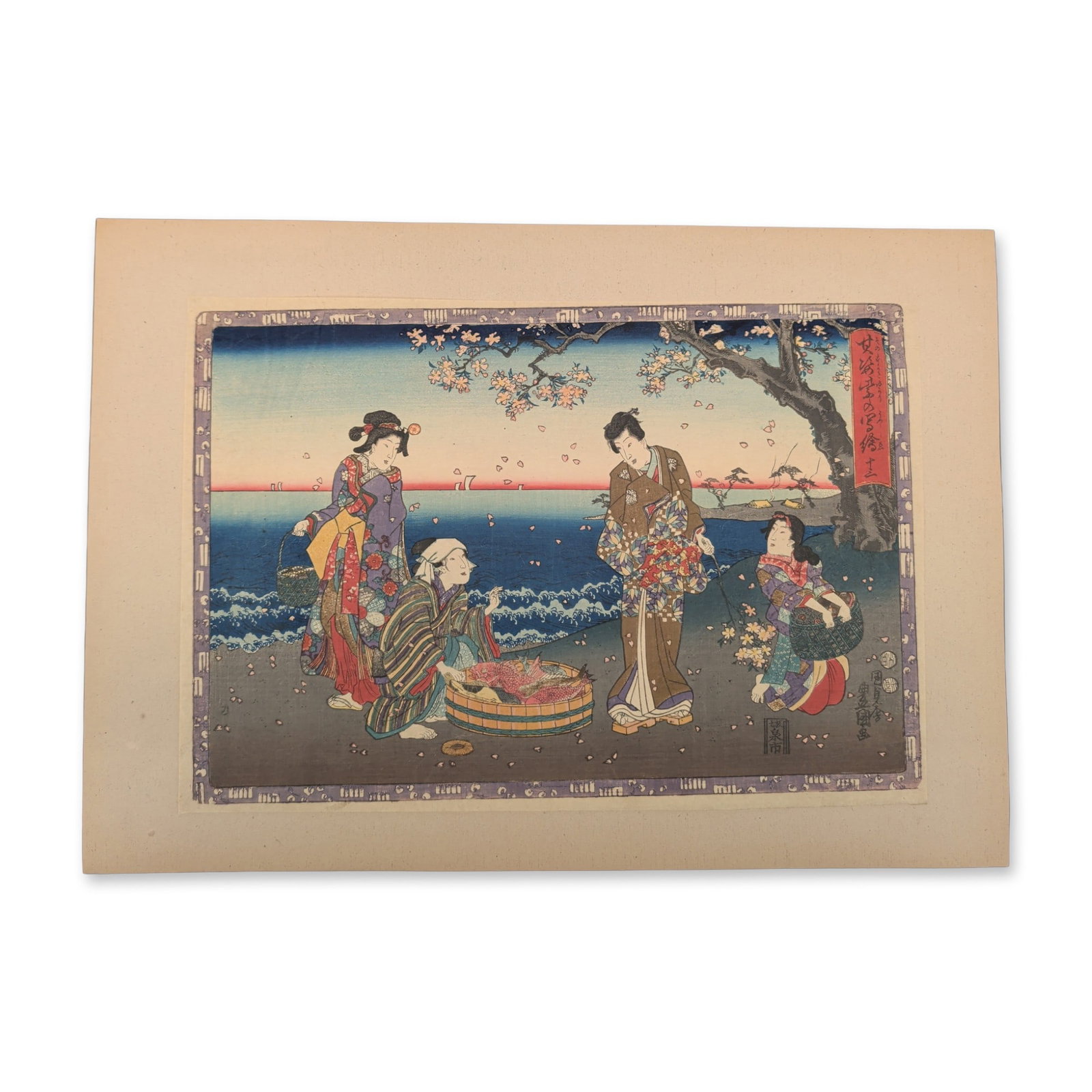Utagawa Kunisada (Toyokuni III) (Japanese, 1786-1865) Woodcut on Paper from Faithful Images of The: This 19th-century Edo-period woodblock print features a classic Japanese design depicting a coastal genre narrative. The seaside composition features a squatting merchant lady displaying a fresh catch