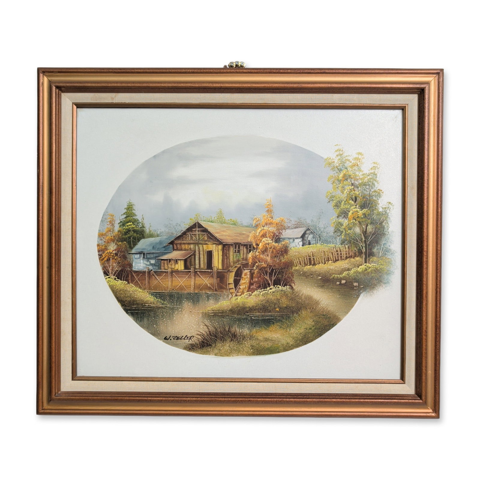 W. Zeller Oil on Canvas, Landscape: W. Zeller. Landscape painting in oil on canvas, featuring a rustic water mill and barn scene set within an oval vignette. The work is rendered in an autumnal palette with visible brushwork, impasto hi