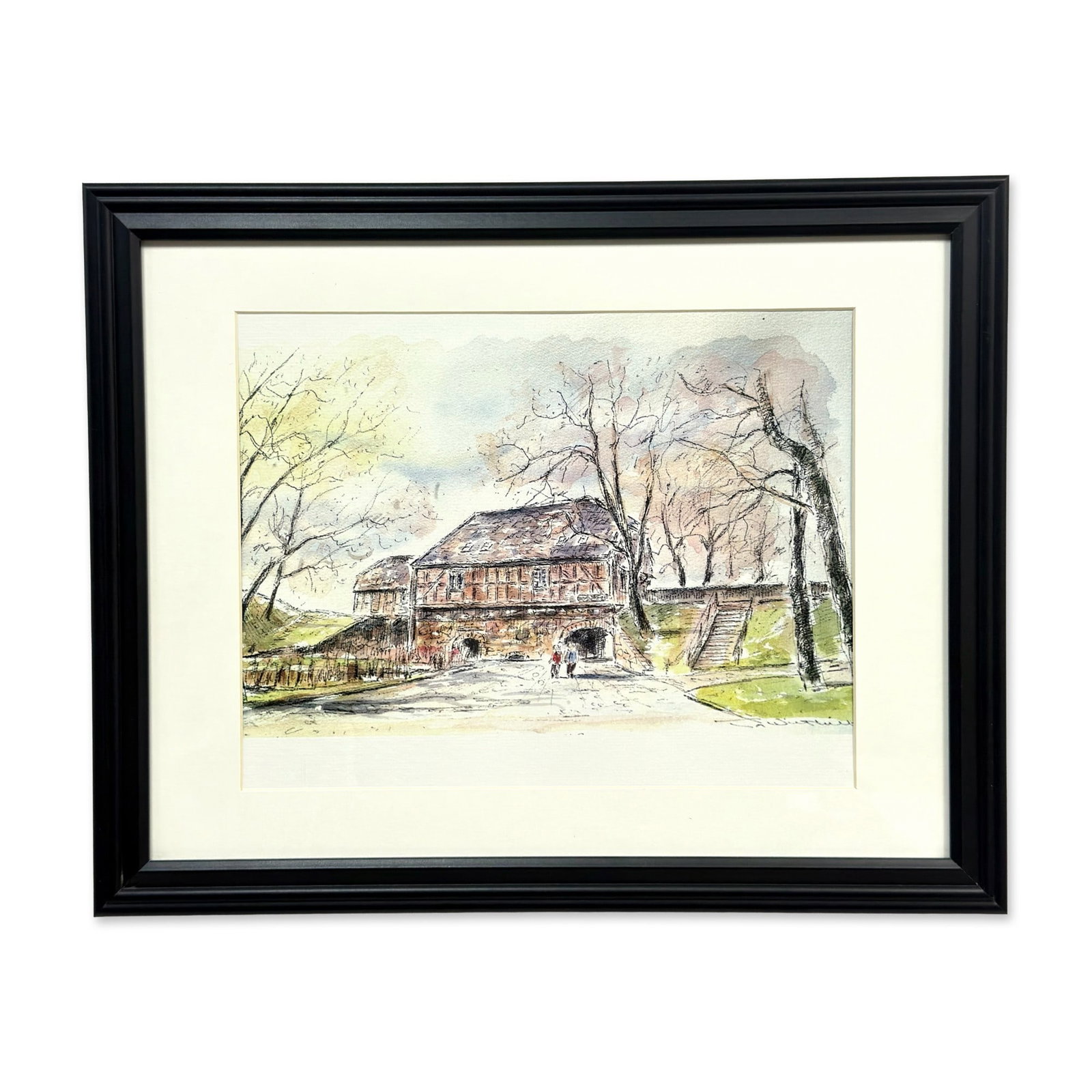 Tor Wilthill, Norway's Resistance Museum, Framed Illustration Print: This framed print of an illustration by Tor Wilthill depicts the Norges Hjemmefrontmuseum (Norway Resistance Museum) at Akershus Fortress in Oslo. The work is executed in an architectural line and