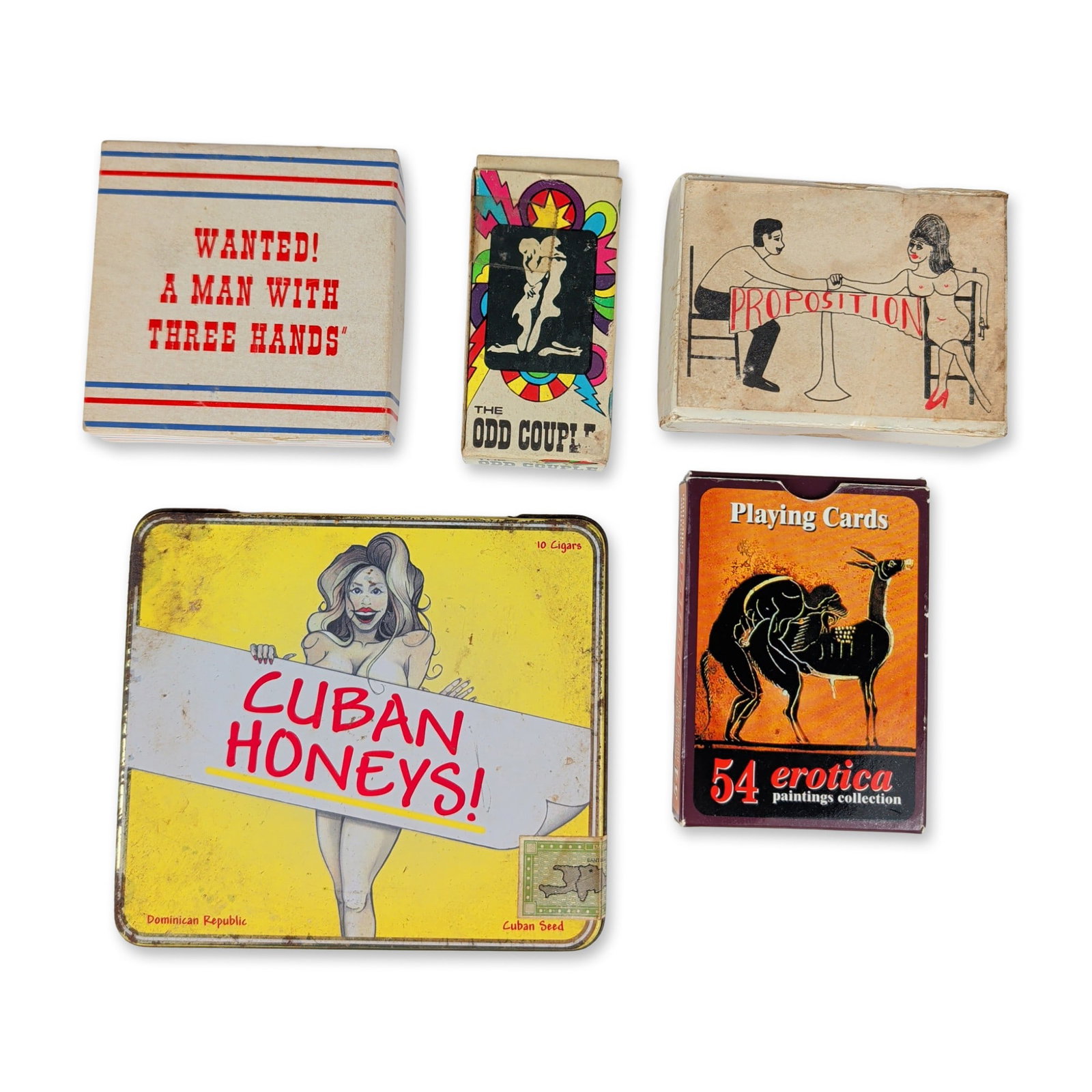 5pc Erotic Novelties and Tobacciana: A collection of erotic novelty items, playing cards, and tobacciana. The group includes The Proposition card deck in a cardstock box featuring line-art illustrations and double-entendre jokes. A deck