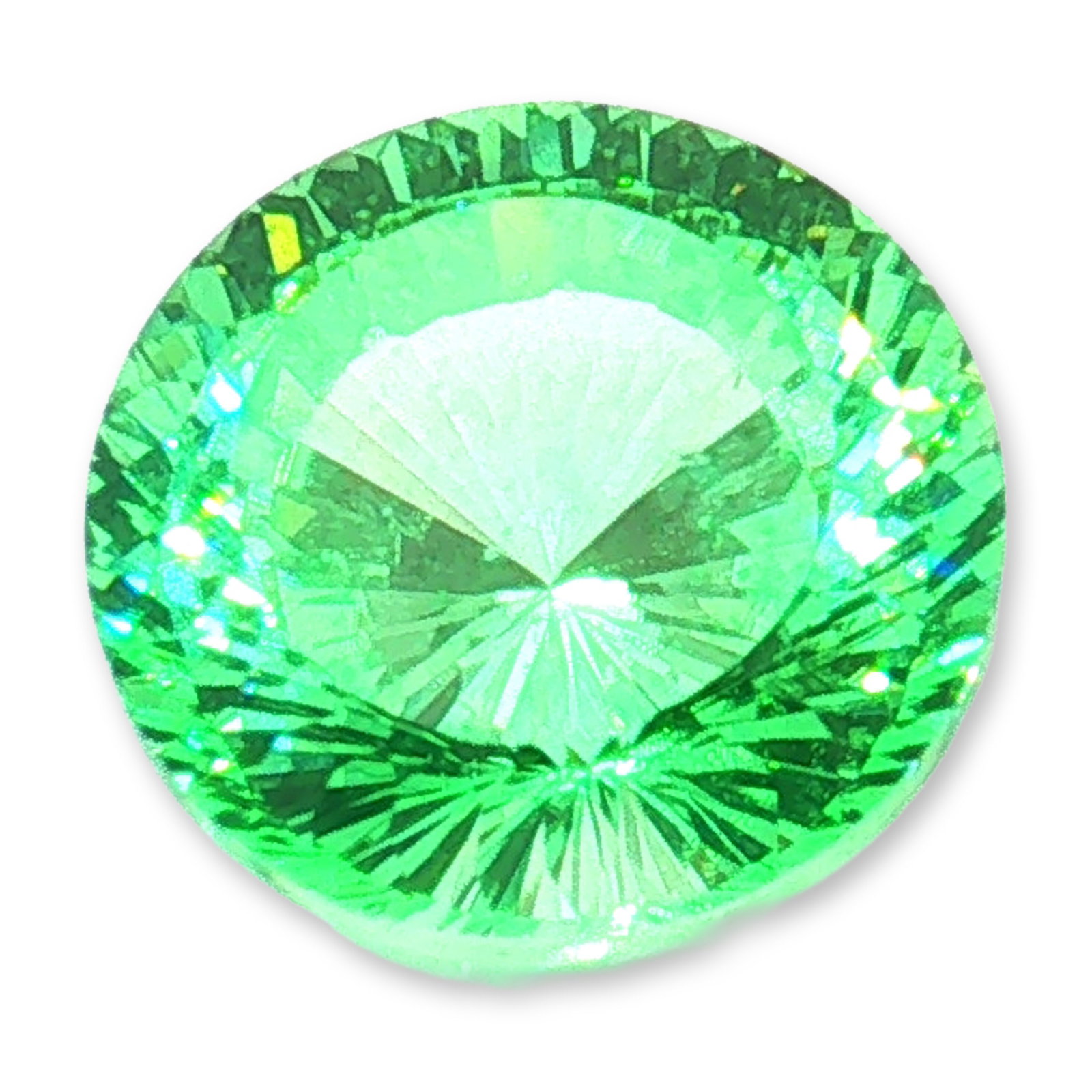 Round Brilliant Cut 9.85 Carat Green Sapphire Gemstone: Round brilliant cut loose sapphire gemstone featuring a vibrant green hue. The stone is cut with a complex facet pattern, featuring a large table and faceted pavilion designed for light interaction.