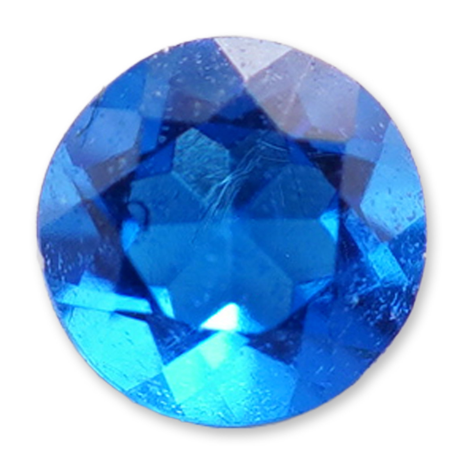 Loose Round Brilliant Cut Hauyne Gemstone: Hauyne gemstone in a round brilliant cut, featuring a vivid blue color and high transparency. The stone is cut with a circular girdle, flat table, and multiple facets on both the crown and pavilion le