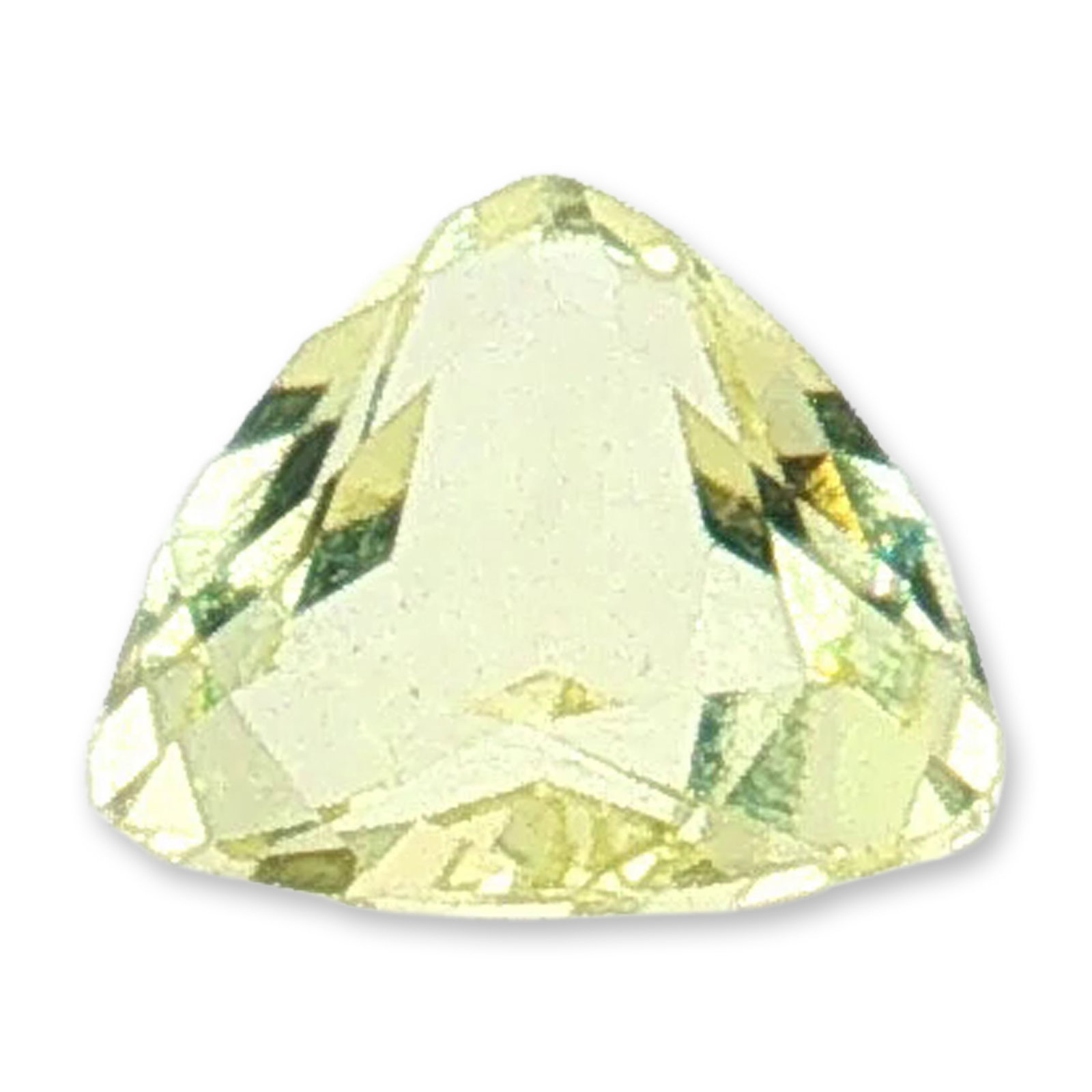 Trillion Cut Loose Goshenite Beryl Gemstone: Loose gemstone featuring a distinctive trillion cut, appears to be goshenite beryl. The stone displays a pale greenish-yellow hue with a geometric faceted crown and pointed pavilion. The triangular si