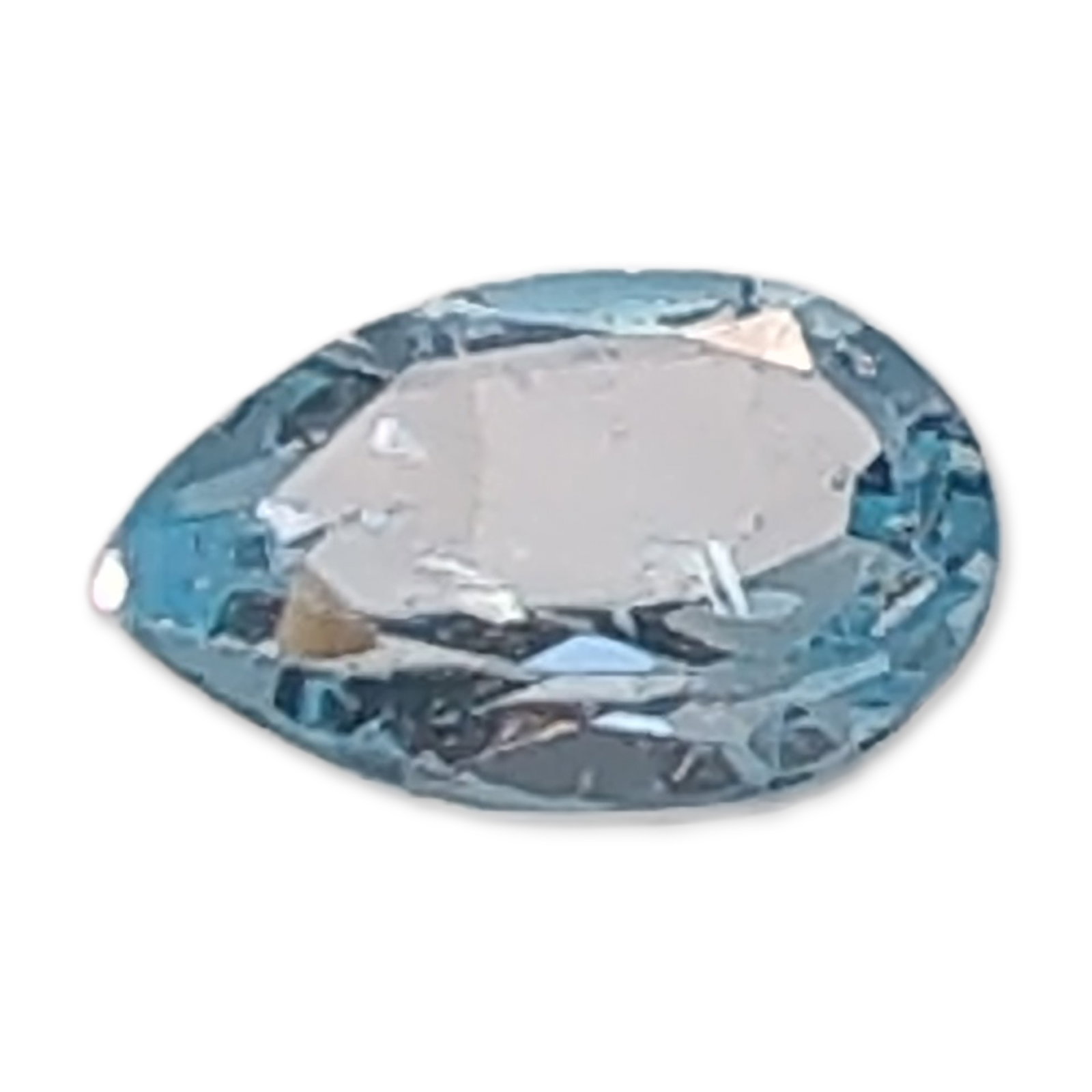 Light Blue Pear-Cut Faceted Loose Topaz Gemstone: Loose faceted Topaz gemstone in a pear-shaped brilliant cut. The stone features a transparent light blue color. Visual inspection reveals good transparency with some minor internal inclusions and veil