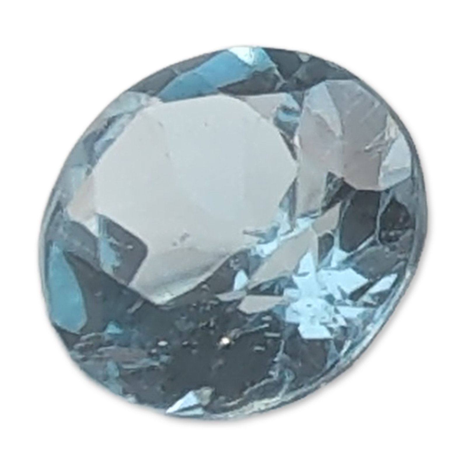 Loose Round Brilliant Cut Blue Topaz Gemstone: Loose faceted topaz gemstone. The stone features a round brilliant cut with a pale sky blue color and high transparency. Clarity is eye-clean with no significant inclusions visible under visual