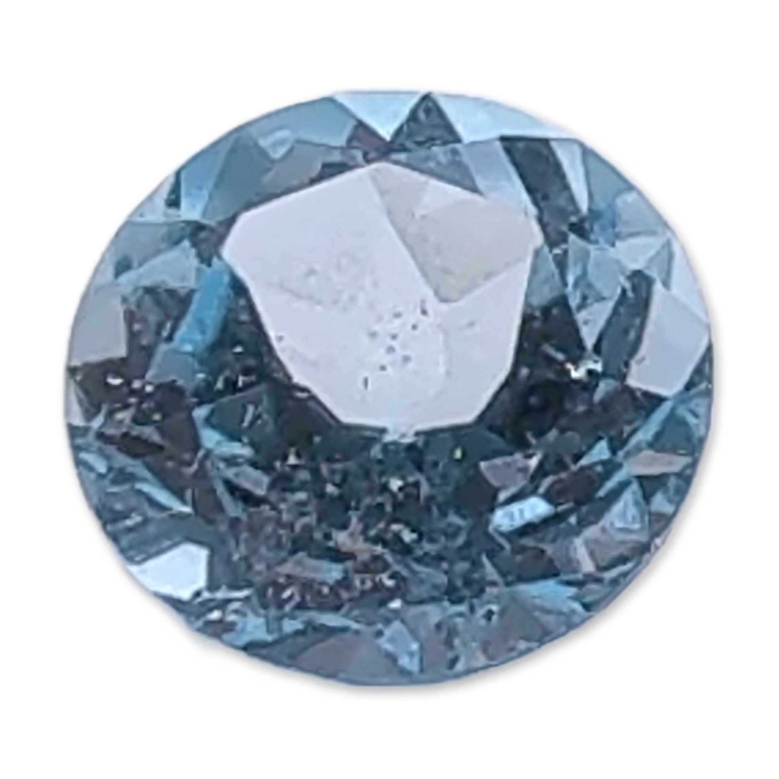 Round Brilliant Cut Light Blue Topaz Gemstone: Loose faceted Topaz gemstone in a round brilliant cut, appearing as a transparent light ice blue color. The stone exhibits good transparency and sharp facet junctions. Weight: 1.5 carats Dimensions: