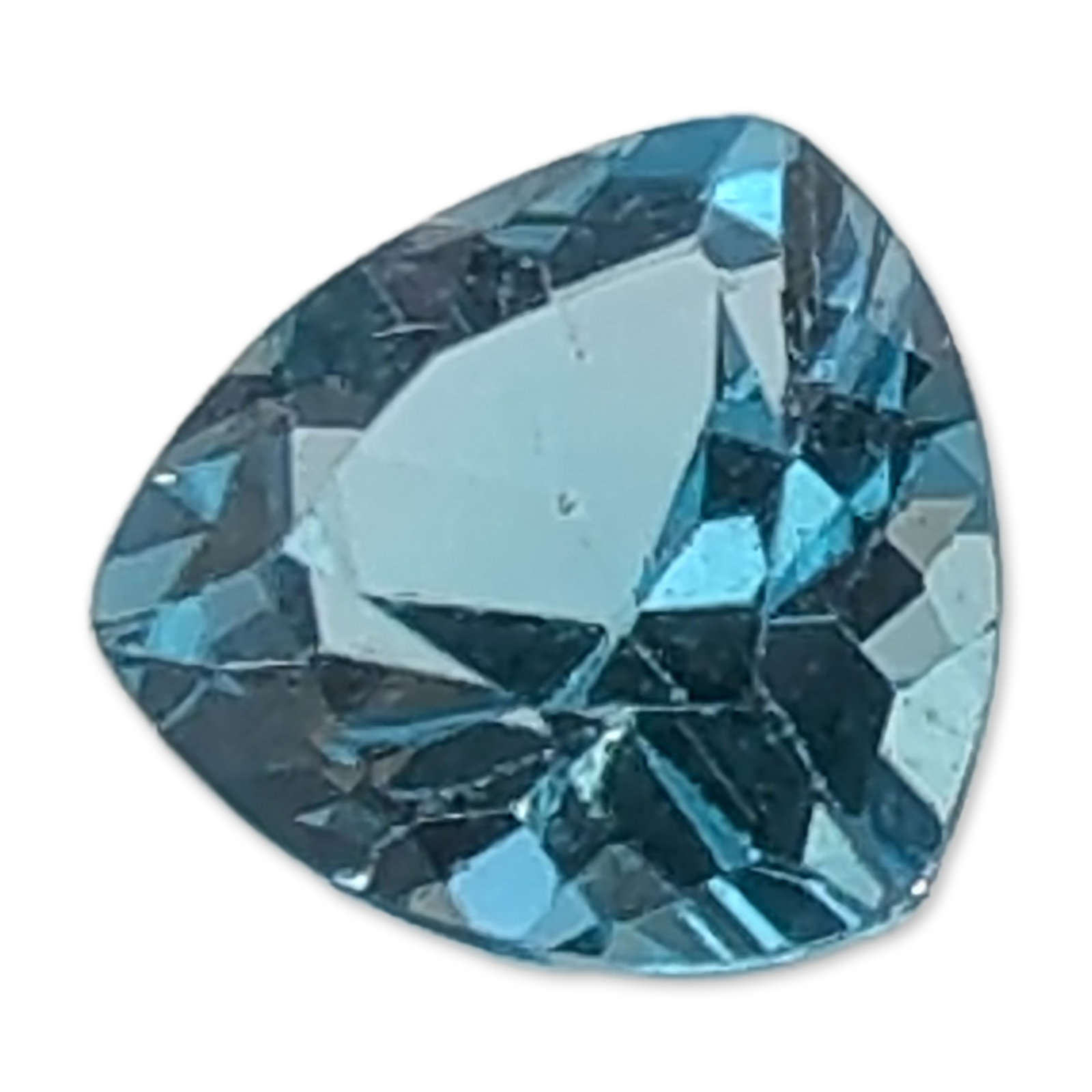 Trillion Cut Light Blue Loose Topaz Gemstone: Loose trillion cut light blue gemstone, in the style of Swiss blue topaz. The stone displays a uniform sky blue color and high clarity. Features sharp facet junctions and a triangular form with