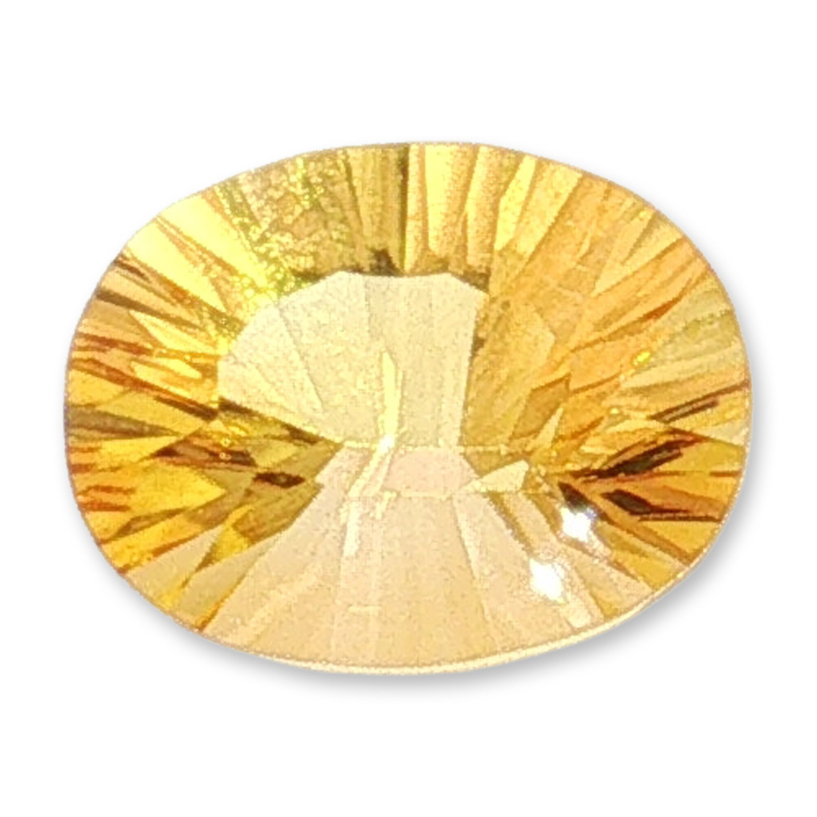 Oval Concave Cut Citrine Gemstone: A loose citrine gemstone in an oval shape, featuring a precision modified brilliant cut with a concave or beehive pavilion. The stone exhibits a saturated golden yellow hue and appears eye-clean upon