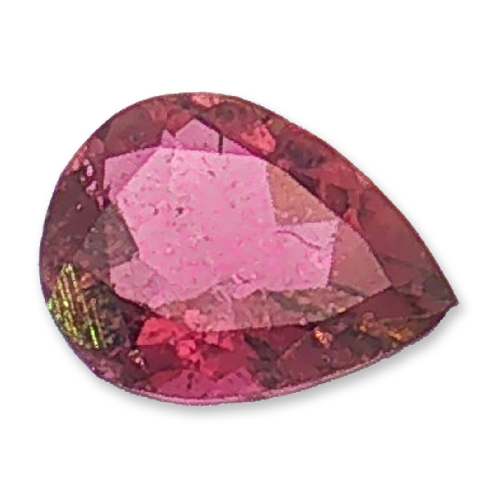 Pear Cut Pink Citrine Loose Gemstone: A faceted loose gemstone, appearing to be citrine, featuring a pear cut and a vibrant pink-red hue. The stone is cut with a brilliant-style crown and a pointed pavilion. Visual characteristics