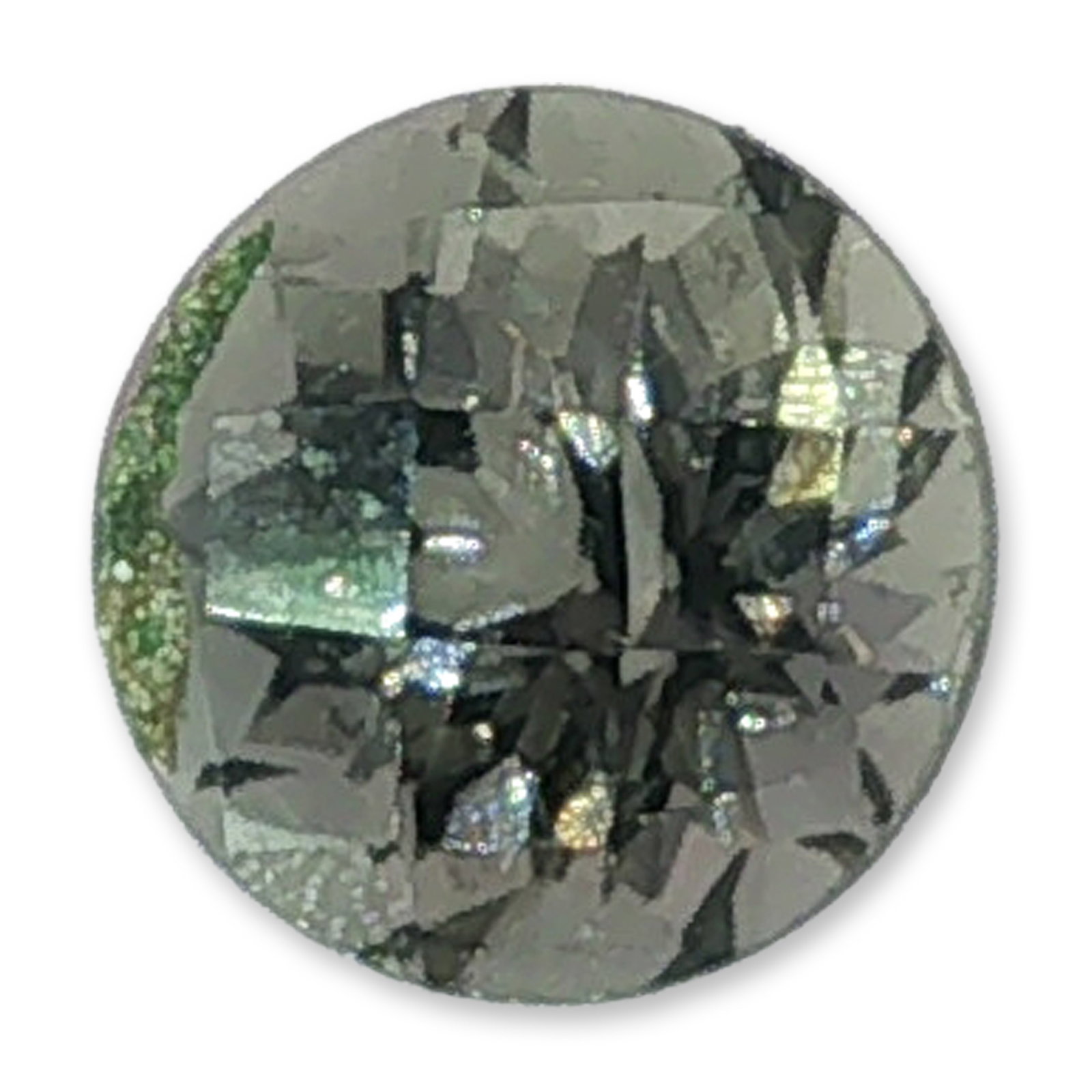 Round Cut Greenish Gray Loose Gemstone: Loose faceted gemstone featuring a deep greenish gray hue and a round cut. This gemstone exhibits a rich color with a natural mossy or salt and pepper appearance. Tested with a Presidium Gem Tester