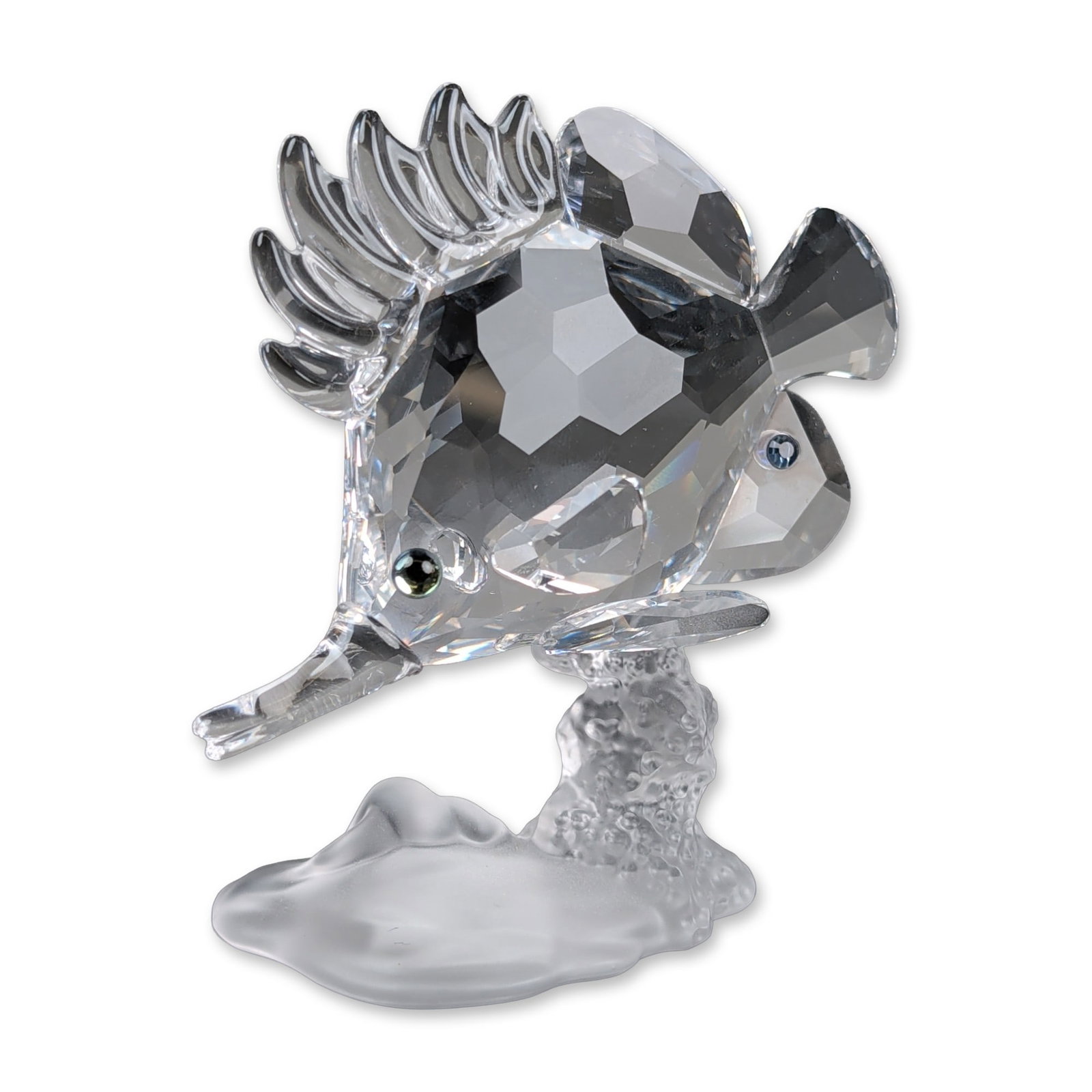 Swarovski Crystal Figurine, Longnose Butterfly Fish: Longnose Butterflyfish in faceted clear and frosted crystal, featuring a fish mounted to a textured coral reef base with dark crystal eyes. Etched Swarovski swan factory mark to the base underside. Ac