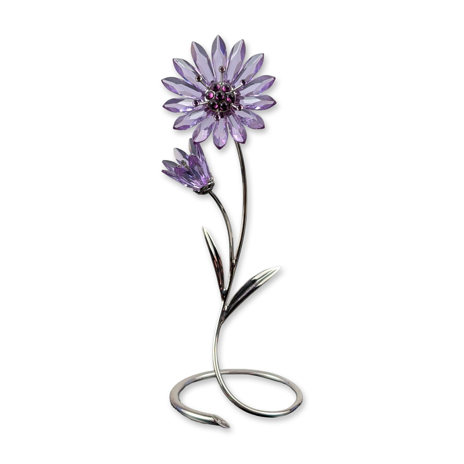Swarovski Crystal Paradise Flower Figurine, Drina Violet: The Drina Violet floral figurine, featuring two blossoms in faceted amethyst-colored crystal. The large blossom is accented with dark purple chatons at the center, and the spray includes a single part