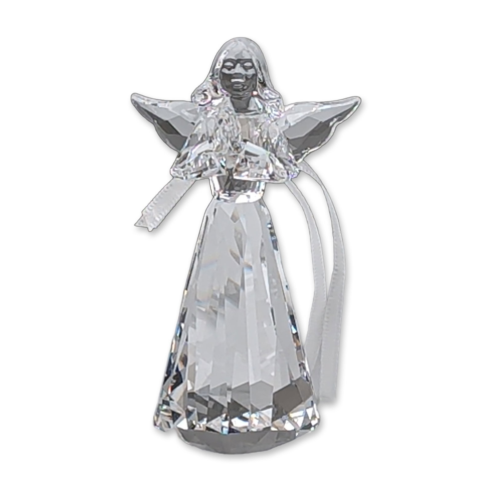 Swarovski 2015 Annual Edition Angel Ornament: Swarovski 2015 Annual Edition Angel Ornament in faceted clear lead crystal. The stylized figurine depicts an angel with outspread wings and a flared gown, suspended from a white satin ribbon. Features